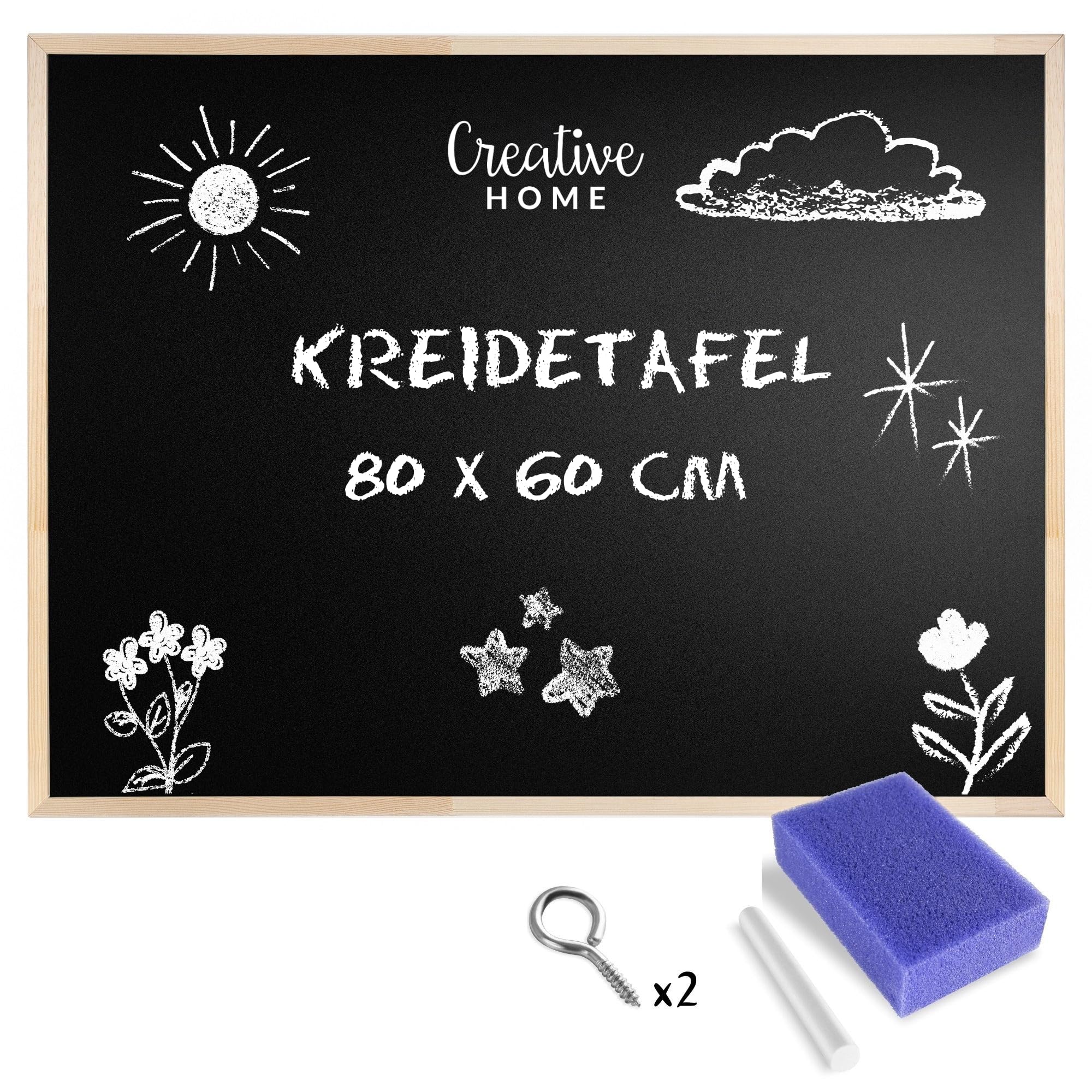 Creative Home 80 x 60 cm Kreidetafel Große Schwarz Blackboard | Tafel Hergestellt in der EU | Schiefertafel Wandtafel Kinder Pinnwand Memoboard Holzrahmen | Schreibtafel für Büro, Schule, Zuhause
