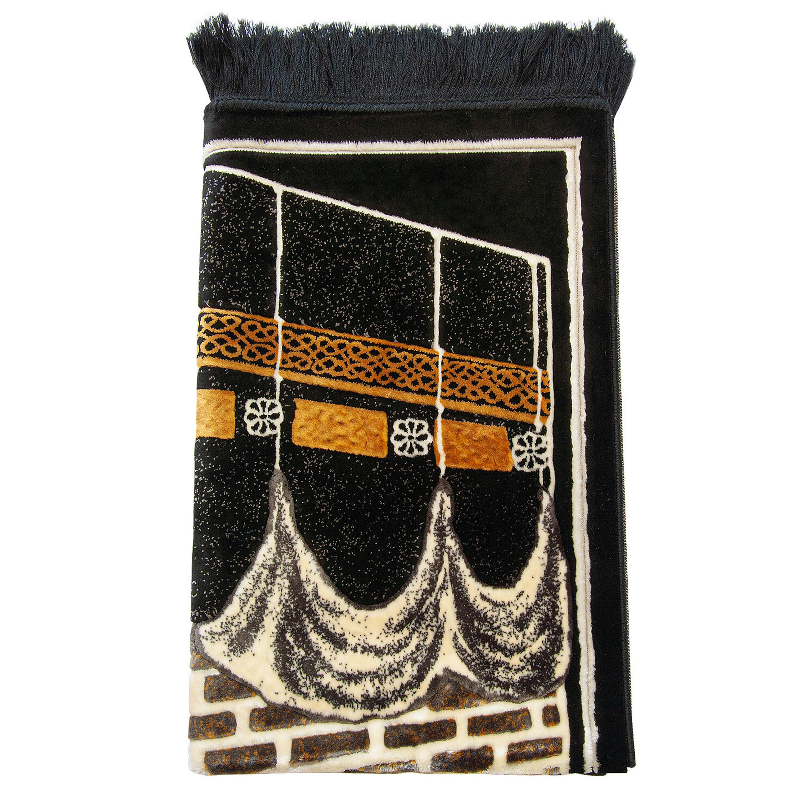 Teppich-Traum Tapis de prière avec motif architectural, surface douce, franges décoratives, facile d'entretien, pour salle de prière, salon, noir, or, beige, 70 x 115 cm
