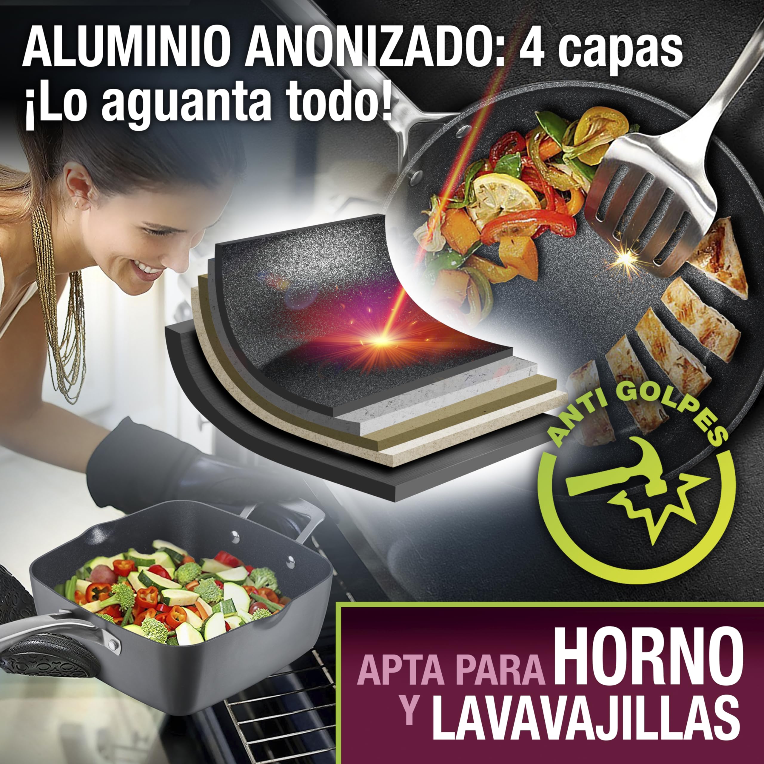 Galería del Coleccionista Batería de Cocina ARMOR MAX 20 Piezas, Ultra-resistente: no se raya ni abolla ¡y es apta para el horno! Super-antiadherente: no se pega nada nunca. Incluye Set de Cuchillos