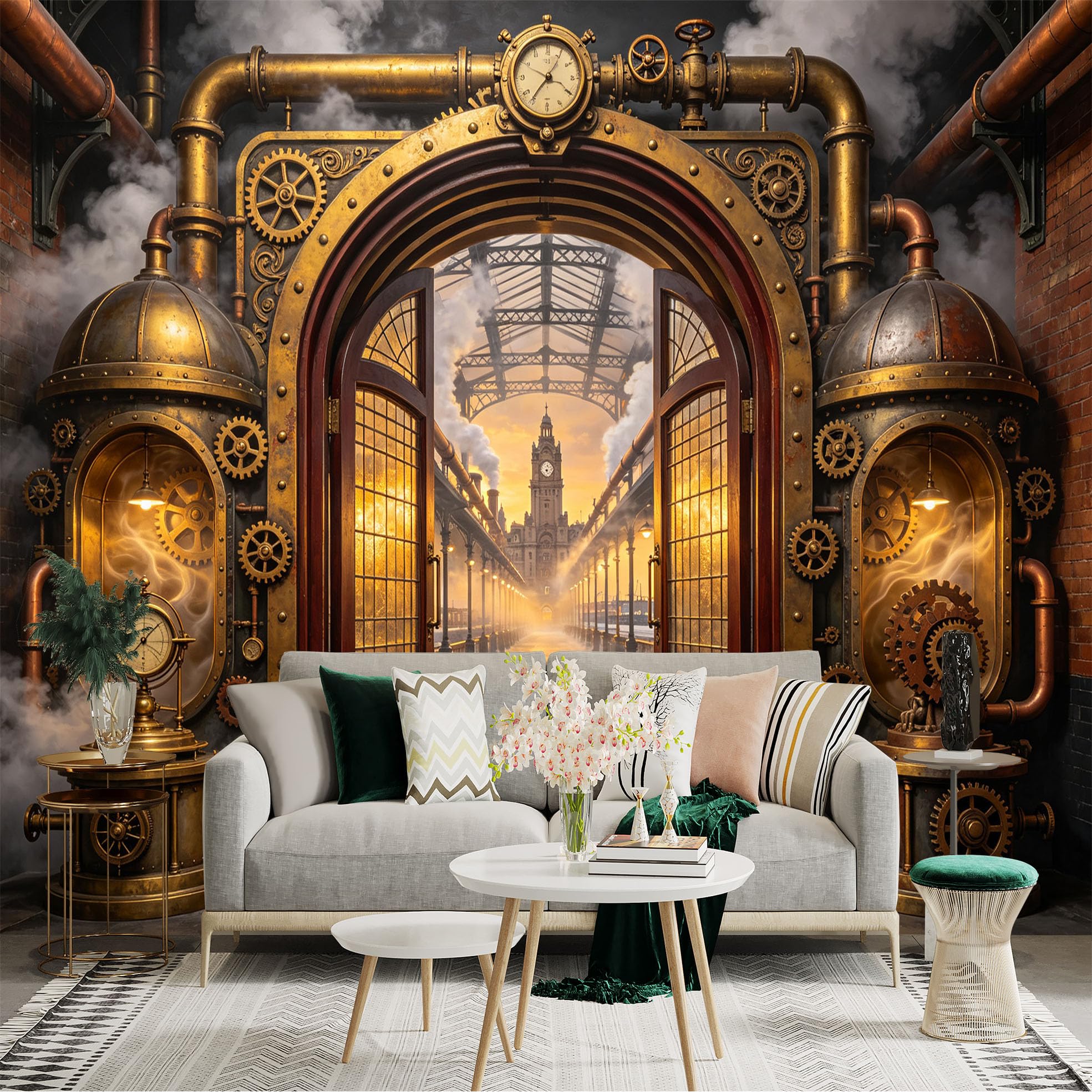 Custom Size Wall Sticker Mural， Steampunk Industrial Gateway with Gears， Vintage Clock and Steam Hall， for wall Decoration， peelandstick wall Decals.
