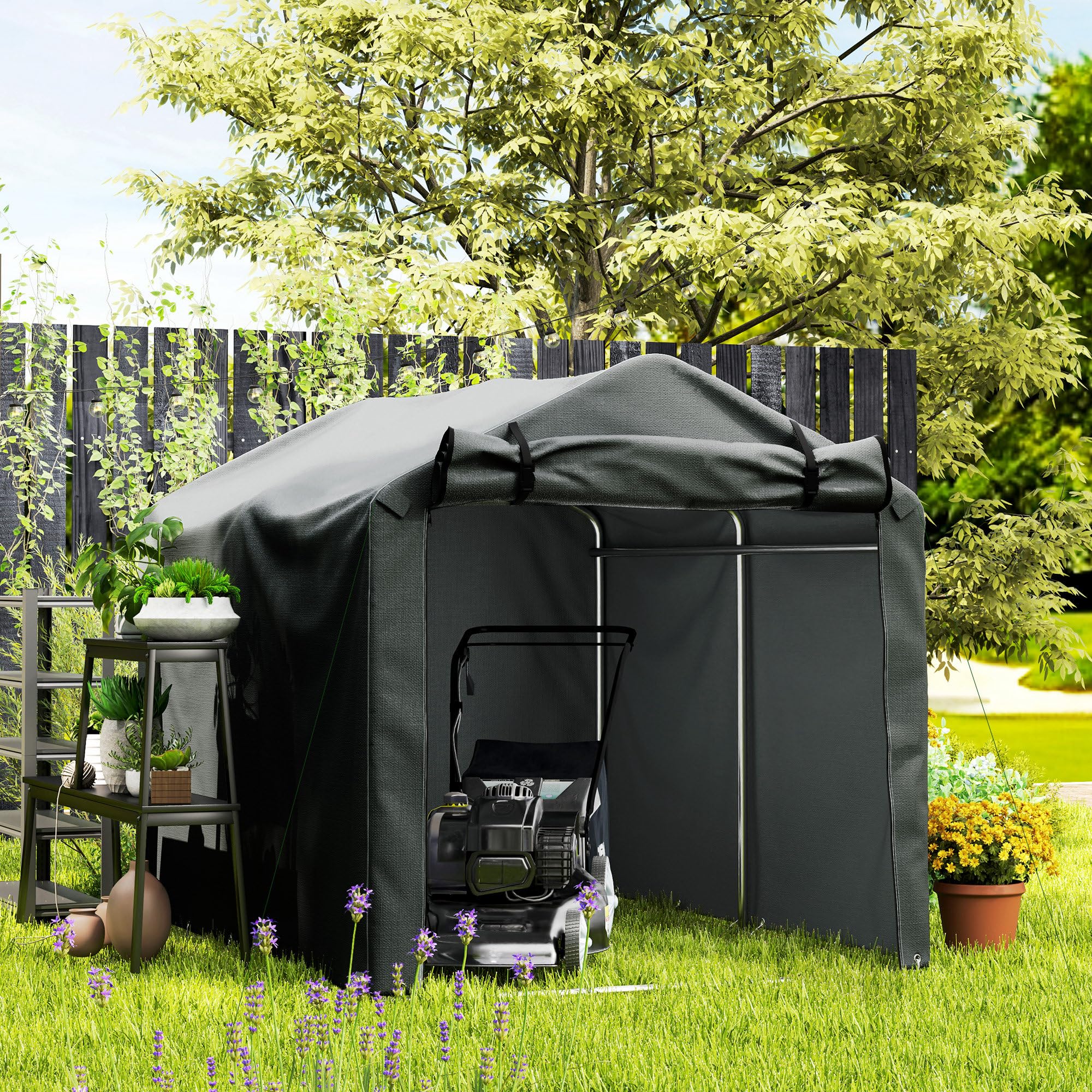 Outsunny Carpa de Jardín Exterior para Herramientas Bicicletas 2,2x1,57x1,65 m, Cobertizo Exterior con Puerta Desmontable con Cremallera, Impermeable, Anti-UV, Garaje Portátil, Gris Oscuro