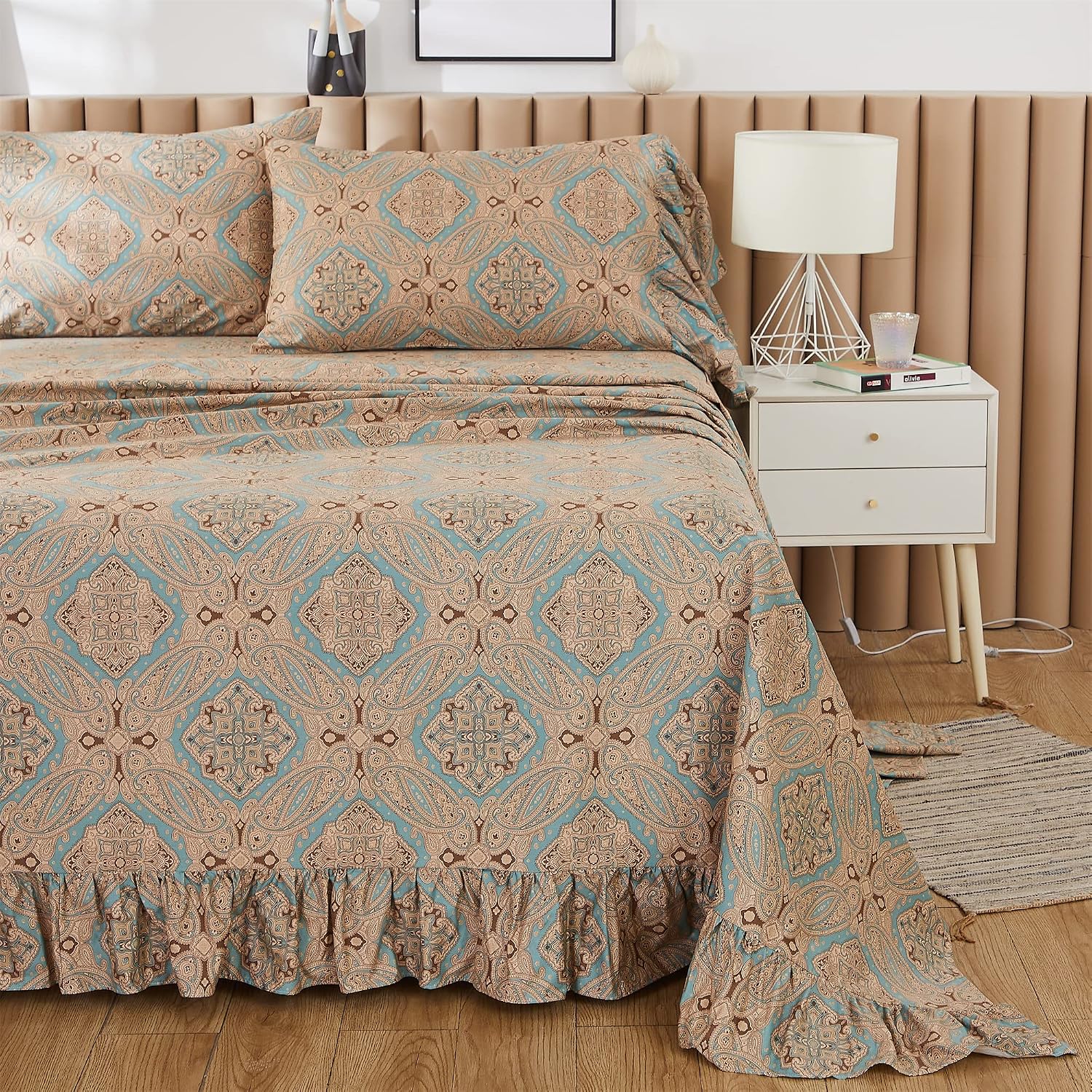 ABREEZE Shabby Flowers Print Bed Sheet Set Ruffled Bedding Boho Bedding Set 4pc Luxury Bedding Set Bohemian Damask Medallion 1000TC Egyptian Cotton King Size