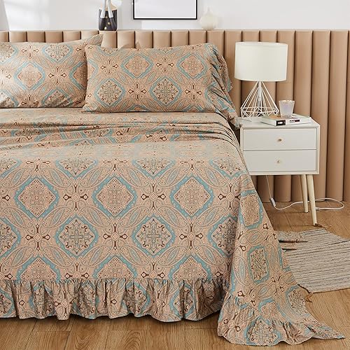 Miniatura 3 de ABREEZE Juego de sábanas con estampado de flores desgastadas, juego de ropa de cama bohemio con volantes, juego de ropa de cama de lujo de 4 piezas,