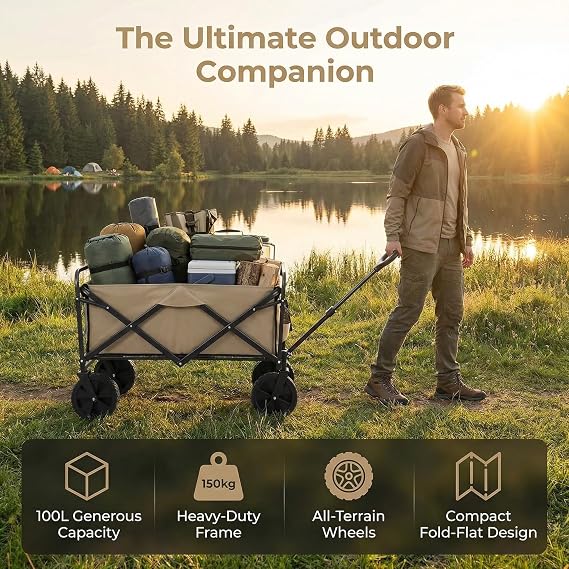 Heavy-duty Folding Trolley Cart With All-terrain Wheels, 100l Storage, 150kg Load Capacity, Versatile Garden Wagon For Outdoor Activities Grey