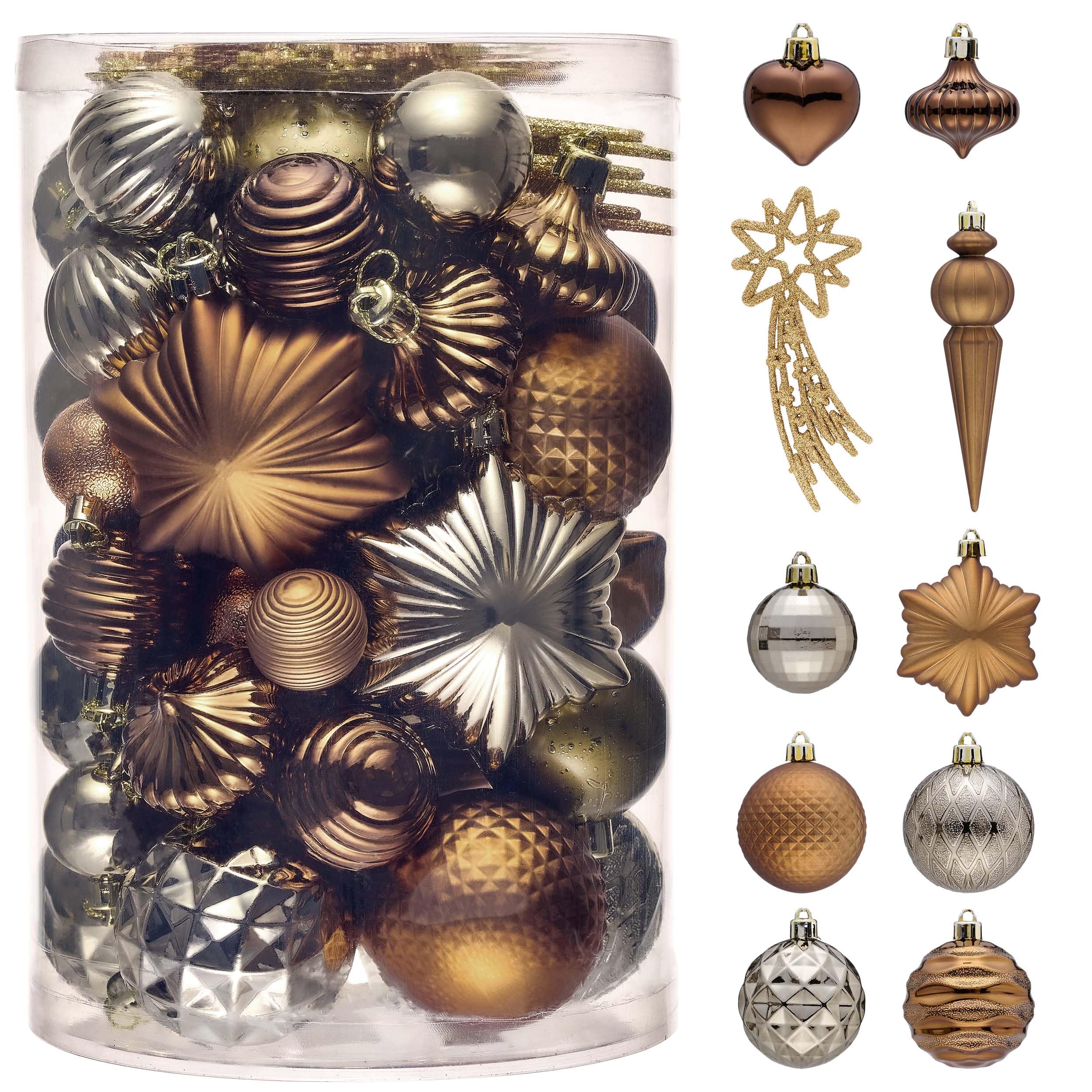 Valery Madelyn Lot de 60 boules de décoration pour sapin de Noël, bronze, cuivré, marron, doré, incassables à suspendre pour décoration de fête de Noël