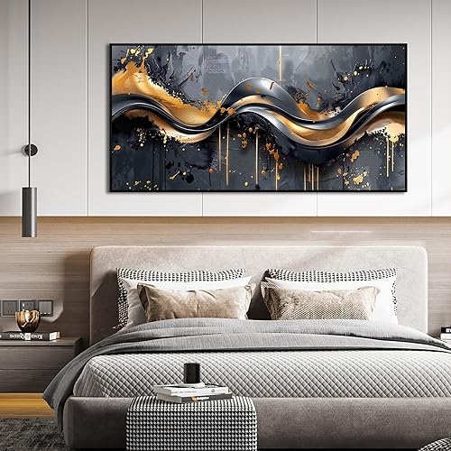 Miniatura 3 de Elegante arte de pared negro y dorado de 29 x 59 pulgadas, lienzo para decoración de oficina, sala de estar, elegante obra de arte grande para