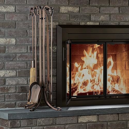 Miniatura 5 de UniFlame, F-1266, juego de herramientas para chimenea de ladrillo martillado de cobre antiguo de 5 piezas