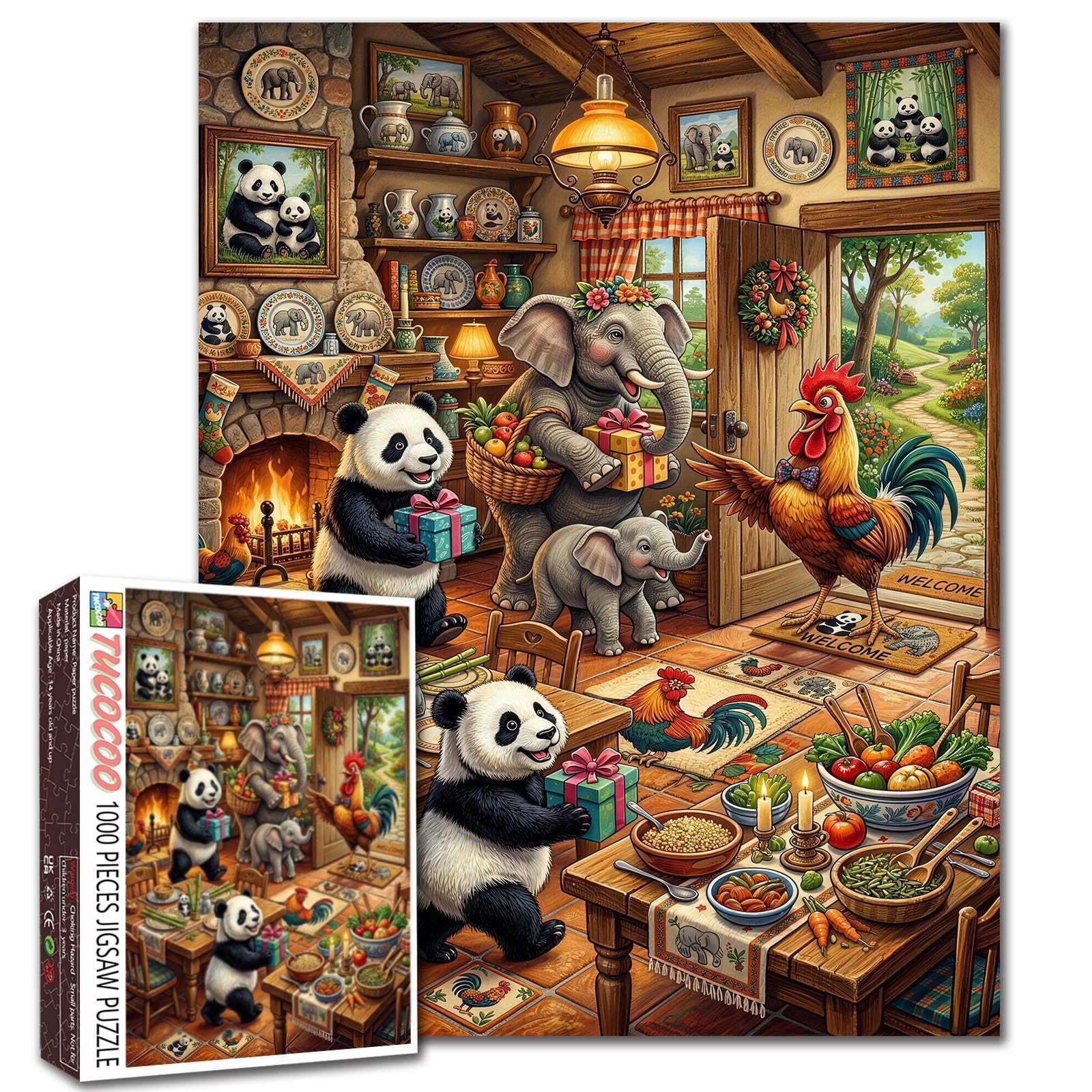 Panda Elephants Roosters Puzzle Farmhouse Animal Celebration Jigsaw Bright Interior Wildlife Scene 1000 Pieces for Adults Beginner Challenging Family Activity Games DIY Crafts for Home Decor Gifts โ image 1