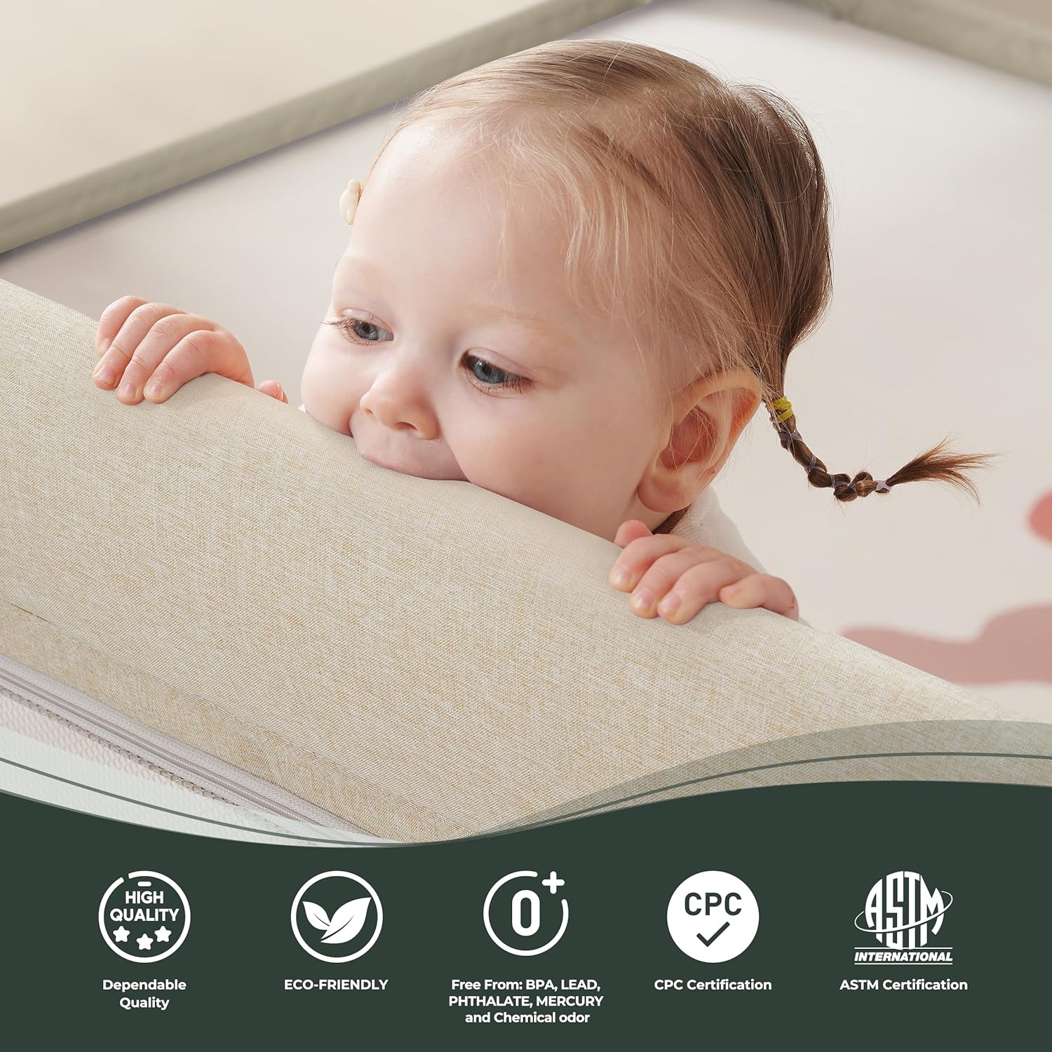 Sweeby Foldable Baby Playpen, 59x59 Playpens for Babies and Toddlers Extra Large Play Yard with Door Baby Fence with Zipper Door and Indoor & Outdoor Play Pen, Light Khaki