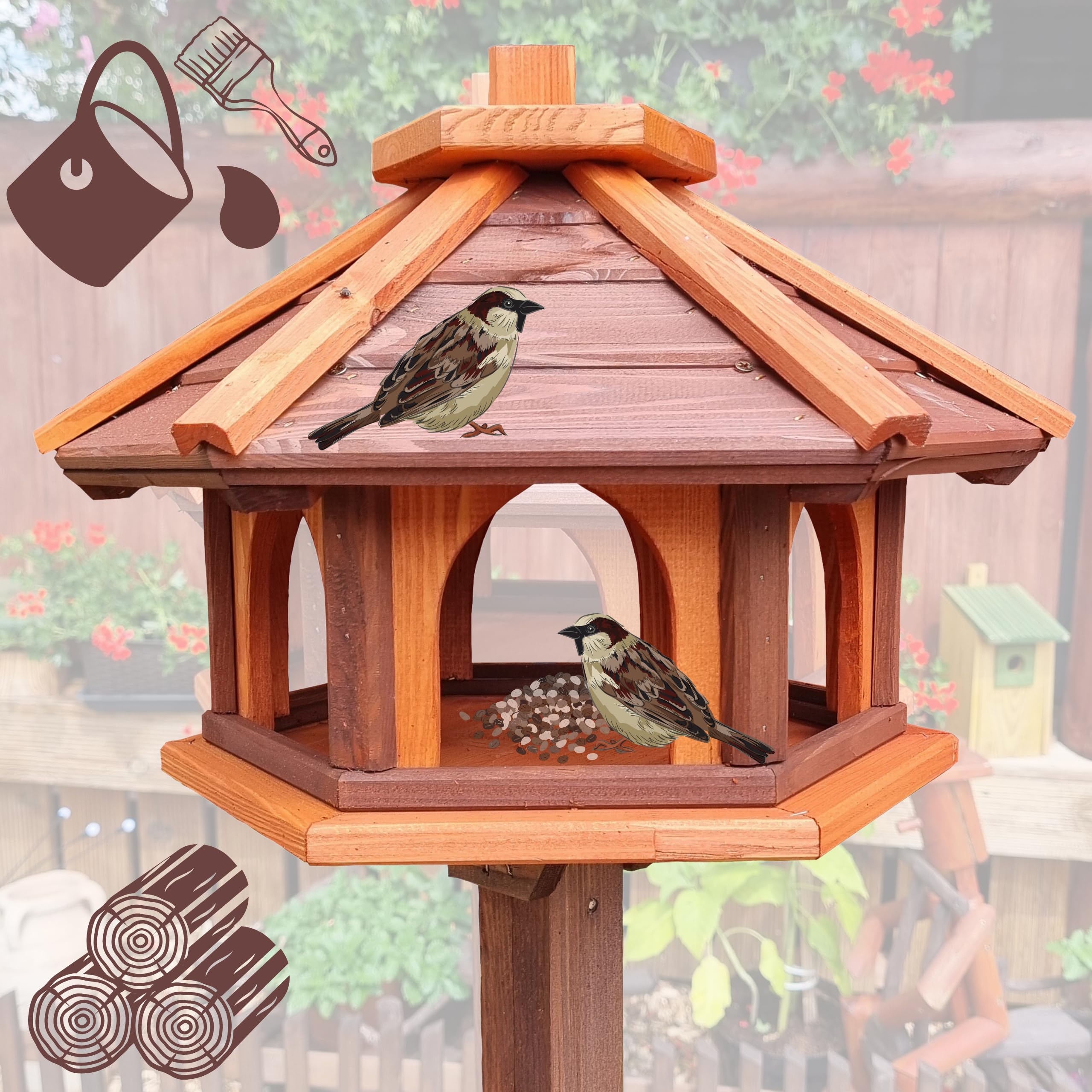 Vogelhaus mit Stander aus Holz, wetterfest, vogelfutterhaus, Futterhaus, Futterstation für Wildvögel, Vogelfutterhaus zum Stellen für den Garten, Balkon (Braun+Rot)