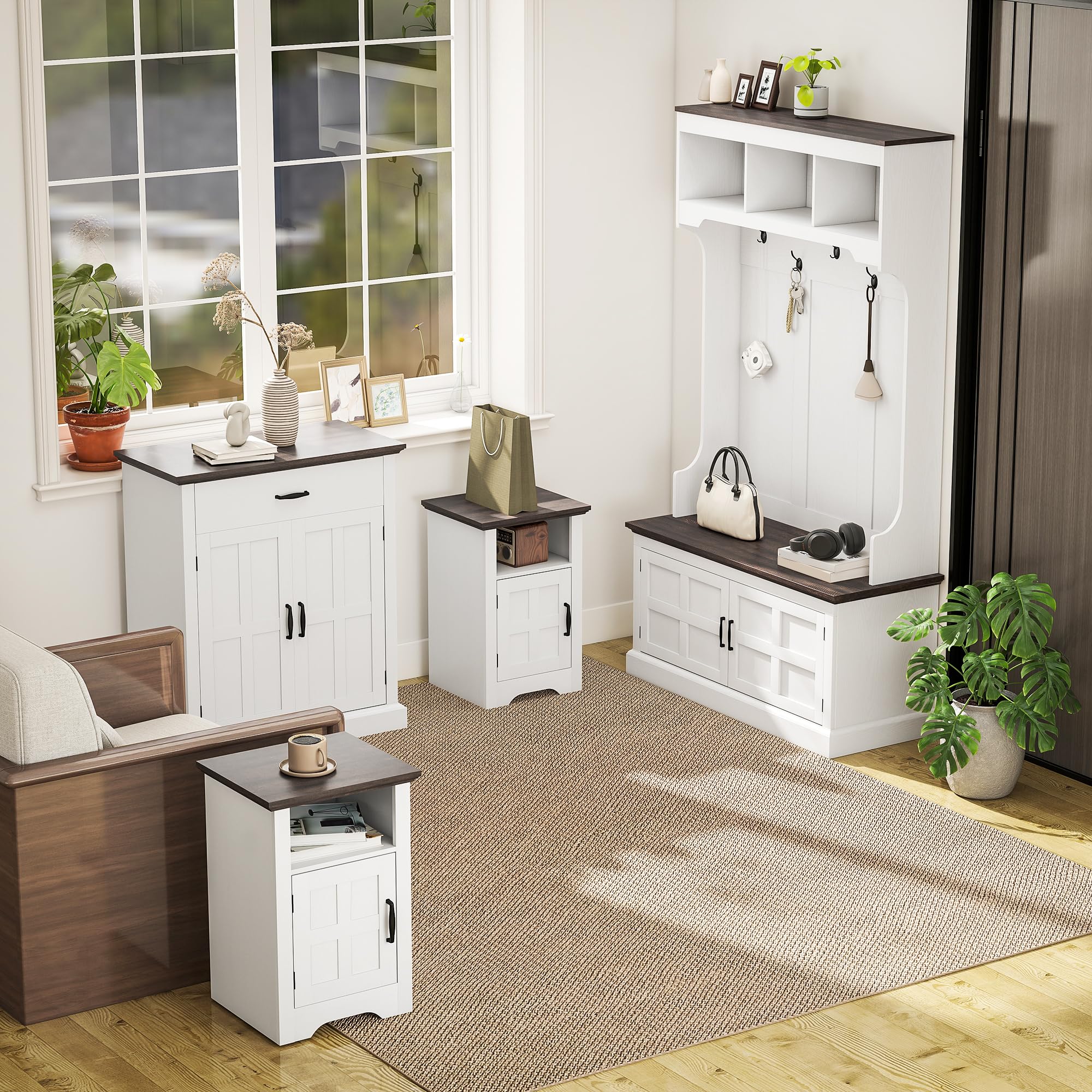 HOMCOM Perchero Zapatero Banco Zapatero 2 Puertas 105x40x180 cm Blanco | Perchero para Entrada Recibidor, 5 Ganchos, 3 Estantes Superiores, Estilo Rústico, para Salón Dormitorio Pasillo