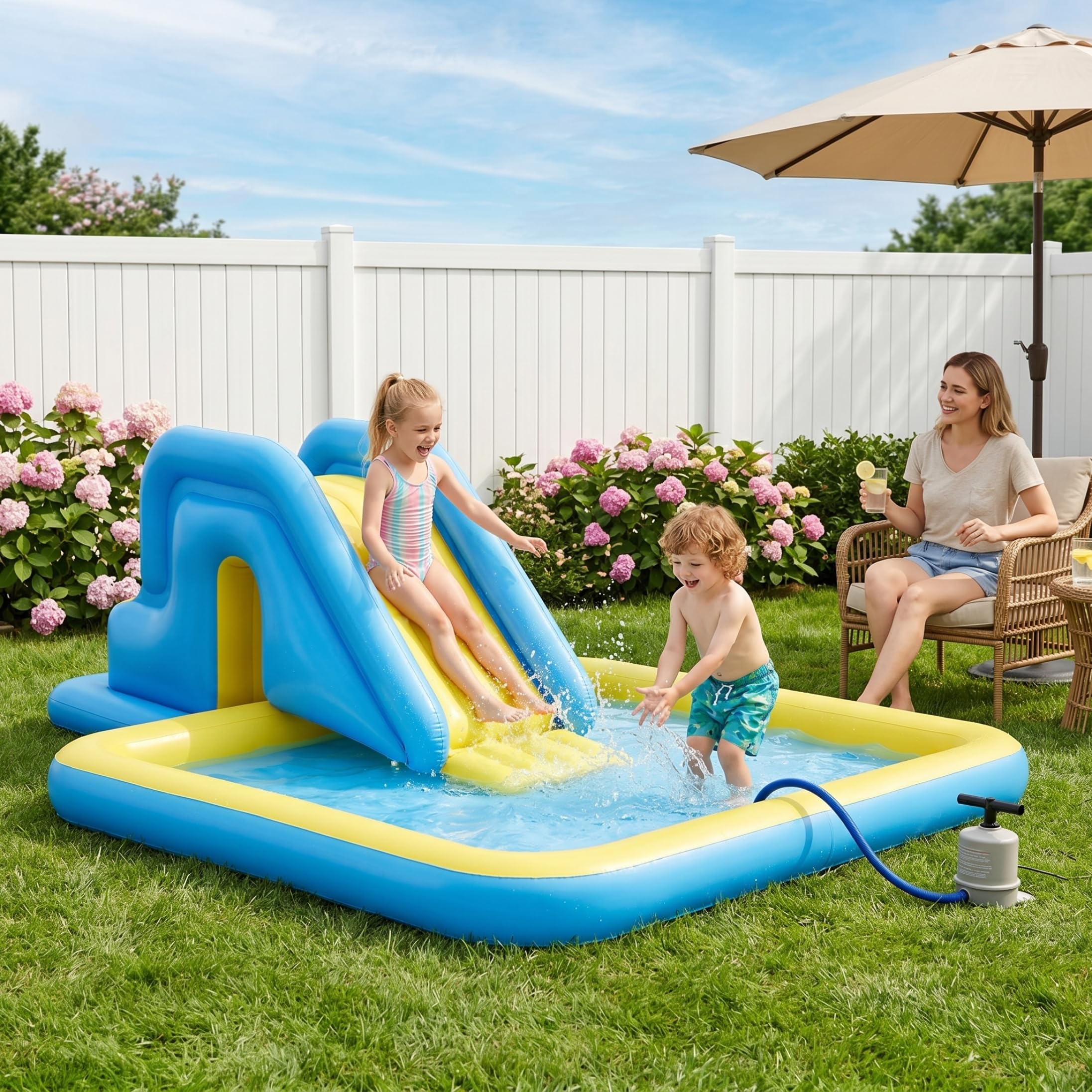 Scivolo Gonfiabile per Piscina Scivolo per Piscina Azzurro con Pompa a Pedale - Acqua Gonfiabile per riporre Facilmente l'installazione per Divertimento in Cortile all'aperto