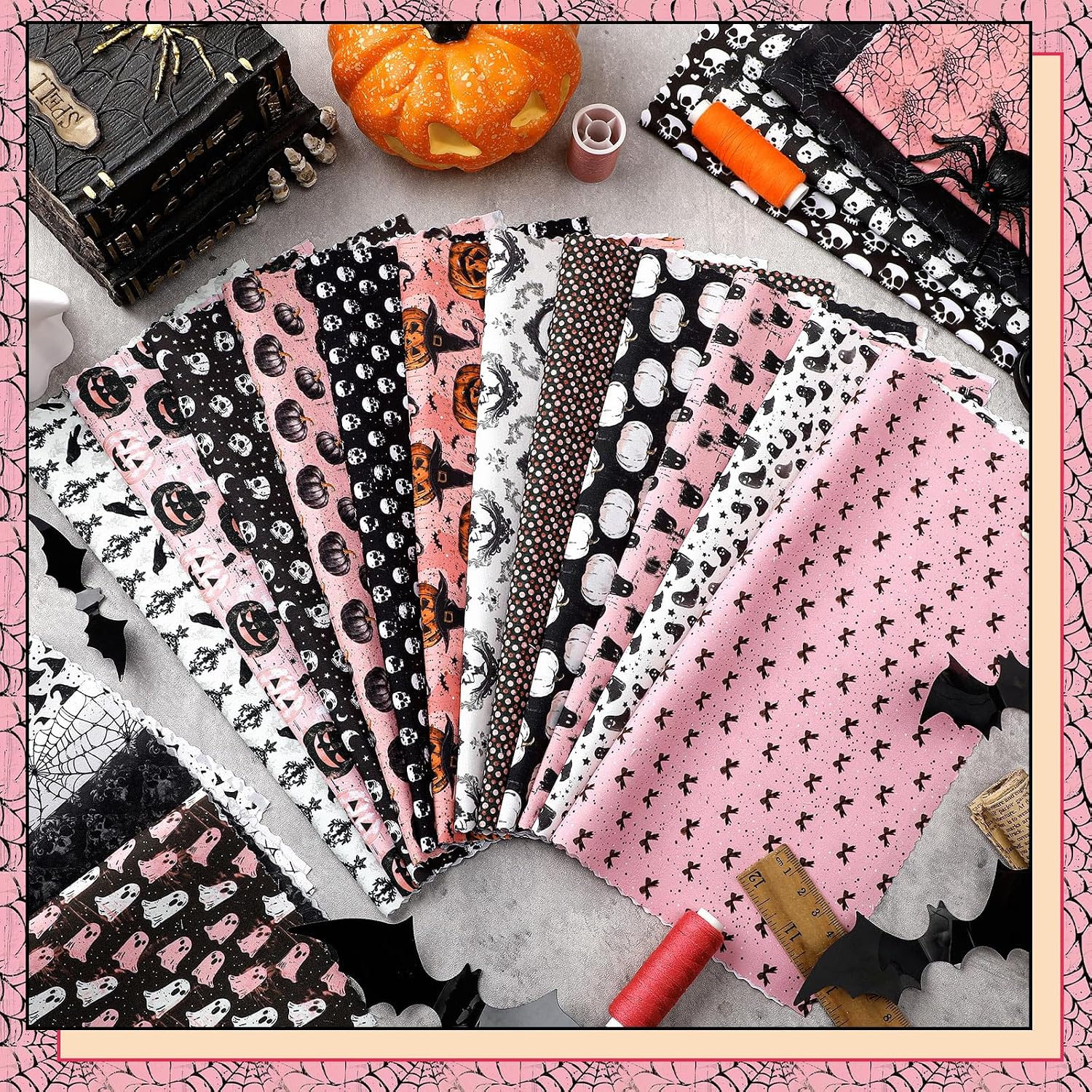 Ganeen 60 Pcs 10 x 10 Inch Pink Gothic Quilting Fabric Squares Spooky Pink Ghost Fat Patchwork Precut Strips Retro Pumpkin Skull Fabric Bundles for Christmas Halloween DIY Craft Sewing Quilt Material