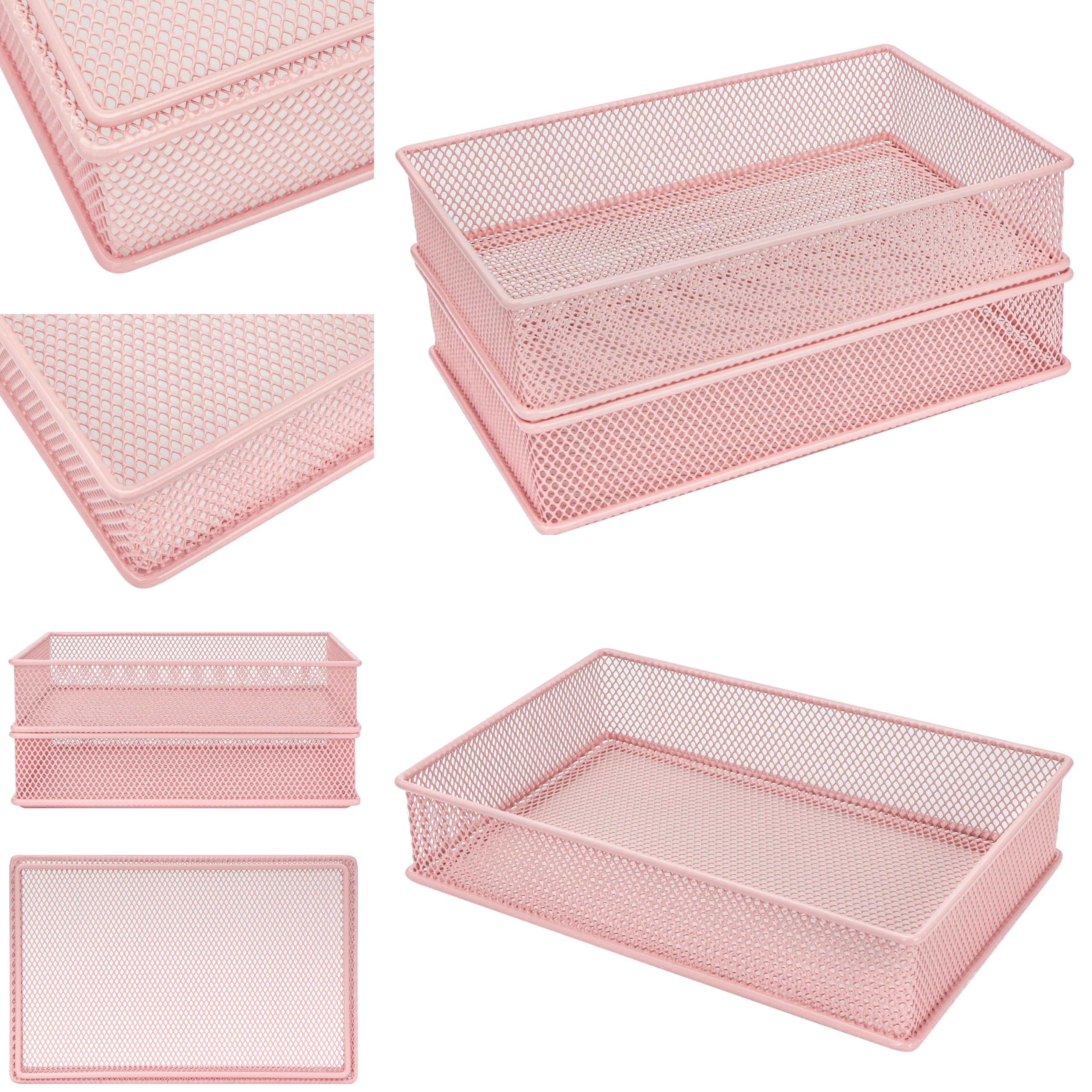 Annova Mesh Drawer Cabinet and Shelf Organizer Bins Storage Basket School Office Supply Holder Tray- Set of 2 (Light Pink, 23x15x5 cm) - Image 3