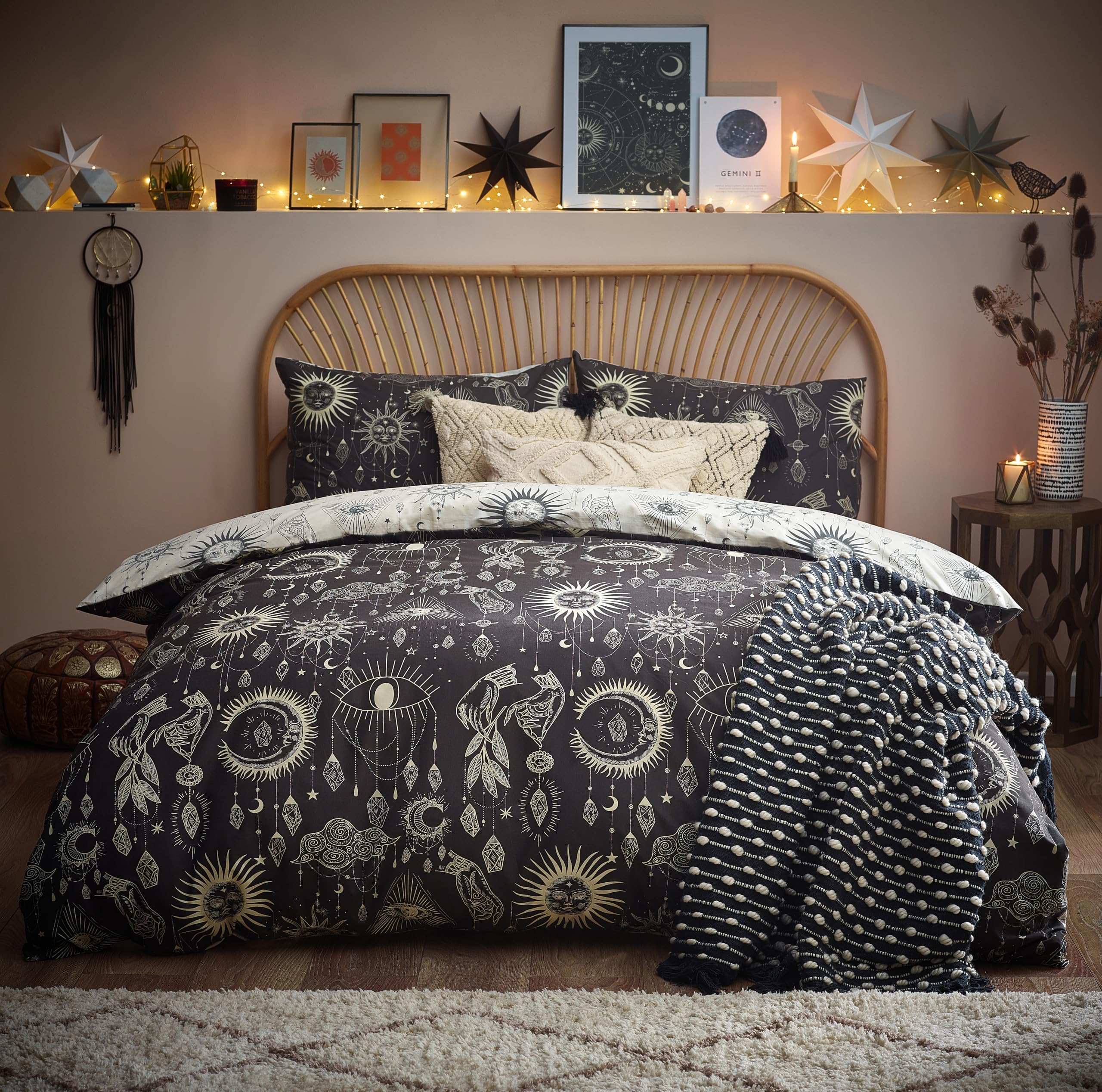 Constellation Duvet Cover Set – Celestial Galaxy Print with Stars & Moons, Reversible Polycotton Bedding (Charcoal/Cream – King)