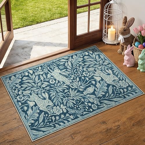 Lahome Forest Rabbit 2x3 Entryway Rug, Soft Animal Washable Blue Throw Rug for Entrance Indoor, Whimsical Stain Resistant Woodland Bunny Non Slip Door Mat for Bathroom