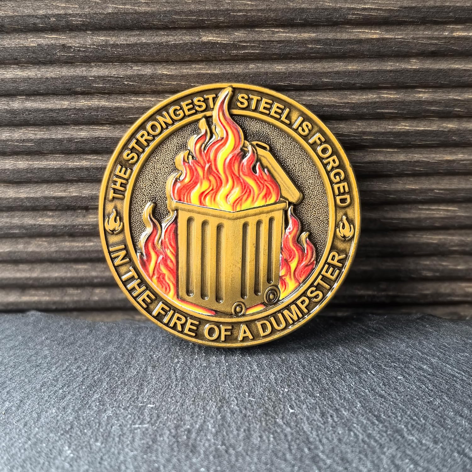 Dumpster Fire Forged Steel High Relief Challenge Coin - Funny Meme Resilience Collectible, Antique Gold Enamel Zinc Alloy Token (1.57")