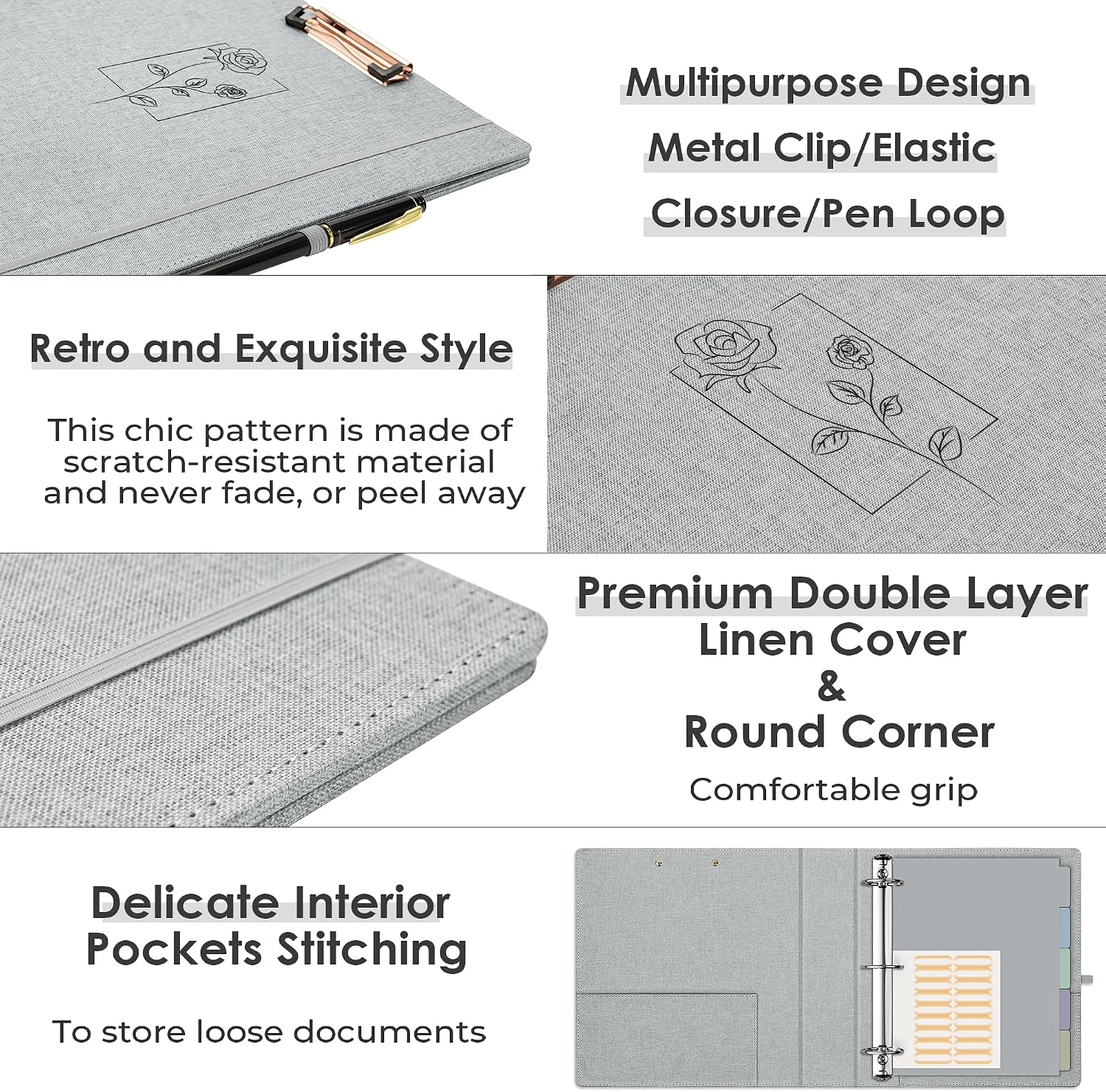 EYROZILL 3 Ring Binder 2 Inch, Binder for Letter Size (11" x 8.5") with 5 Tab Dividers, File Folder Labels and Low Profile Clipboards, Grey Rose