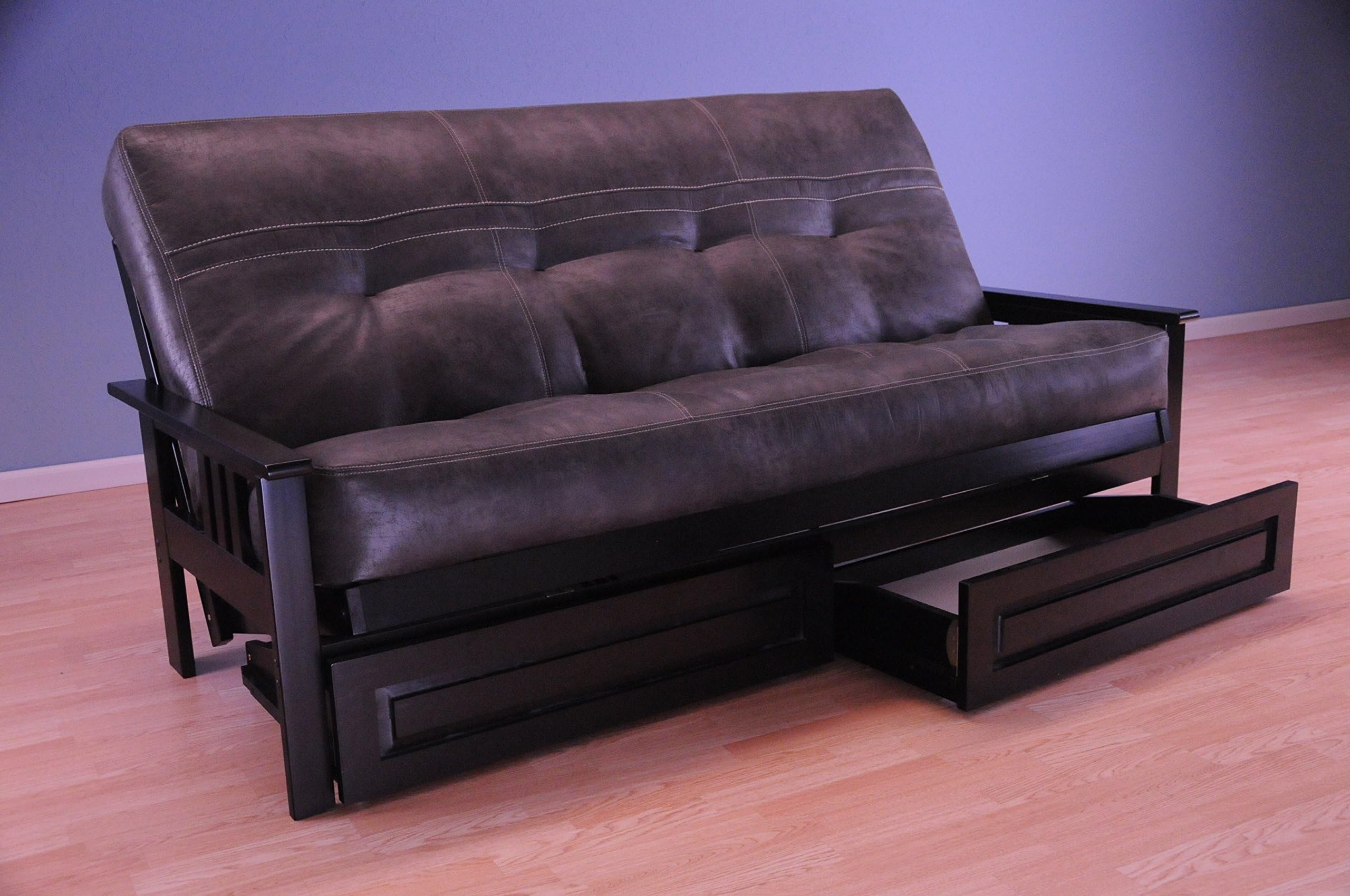 Mission Style Black Wood Frame Futon with Storage Drawers Convertible Full Size Innerspring Mattress Cover-Use As Bed Sofa Sofabed Or Couch -Comfortable Furniture for Sleeping Lounging Sitting