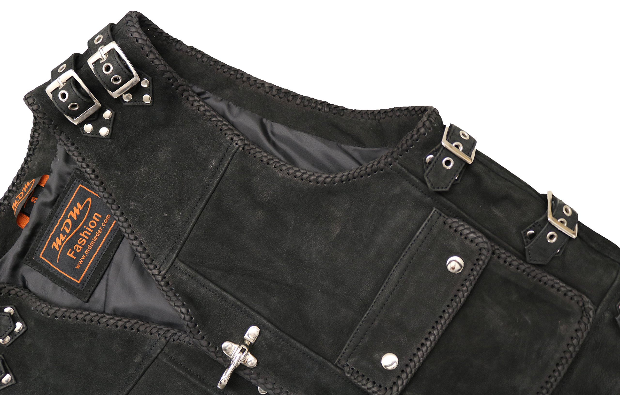 Gilet da biker con fibbie, in vera pelle di bufalo, nero opaco