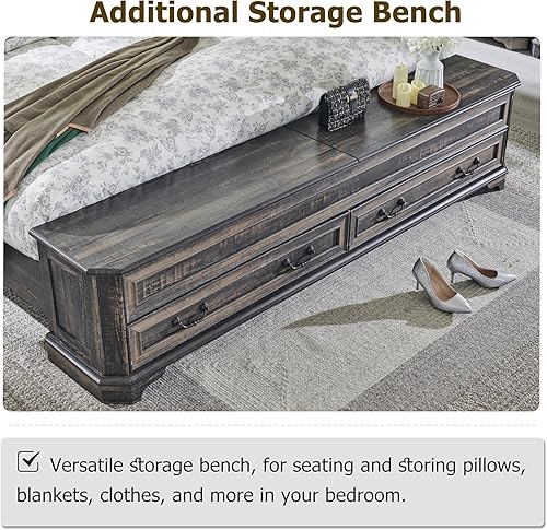 Miniatura 5 de T4TREAM Cama Queen de granja con cabecera y banco de almacenamiento, cama de plataforma de madera rústica con baúl de almacenamiento de 64 pulgadas