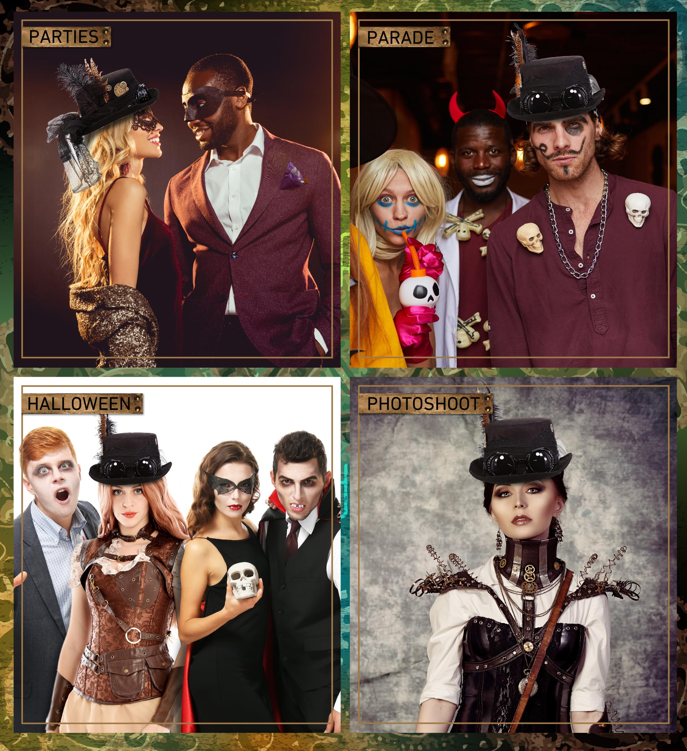 Attitude Studio Fedora Steampunk Hat with Goggles, Feathers, and Gears - Black - Image 4