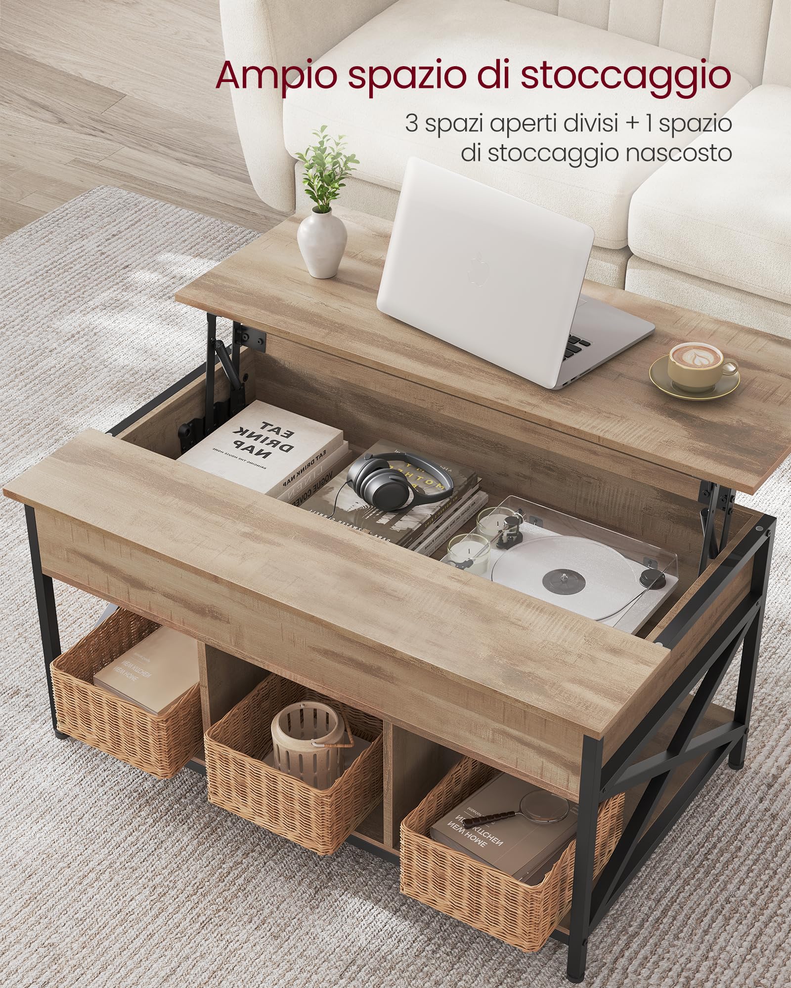 VASAGLE Tavolino da Caffè Tavolino da Salotto con Piano Sollevabile, Tavolino con Spazio di Organizzatore Aperto e Nascosto, Barre a X, 60 x 100 x (48-62) cm, Marrone Cammello e Nero LCT205K50