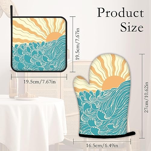 Miniatura 4 de Olas de mar abstractas con guantes de horno y soportes para ollas de cocina, juego de 2 piezas, almohadilla resistente al calor para hornear,