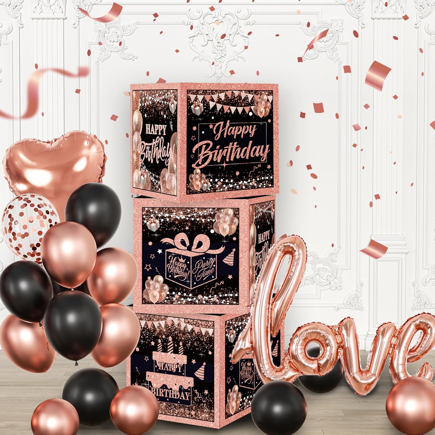 Rose Gold Birthday Party Decorations Kit for Women,4pcs birthday Decorations for Women Girls black and pink Balloon Boxes Birthday Party Favors - Image 3