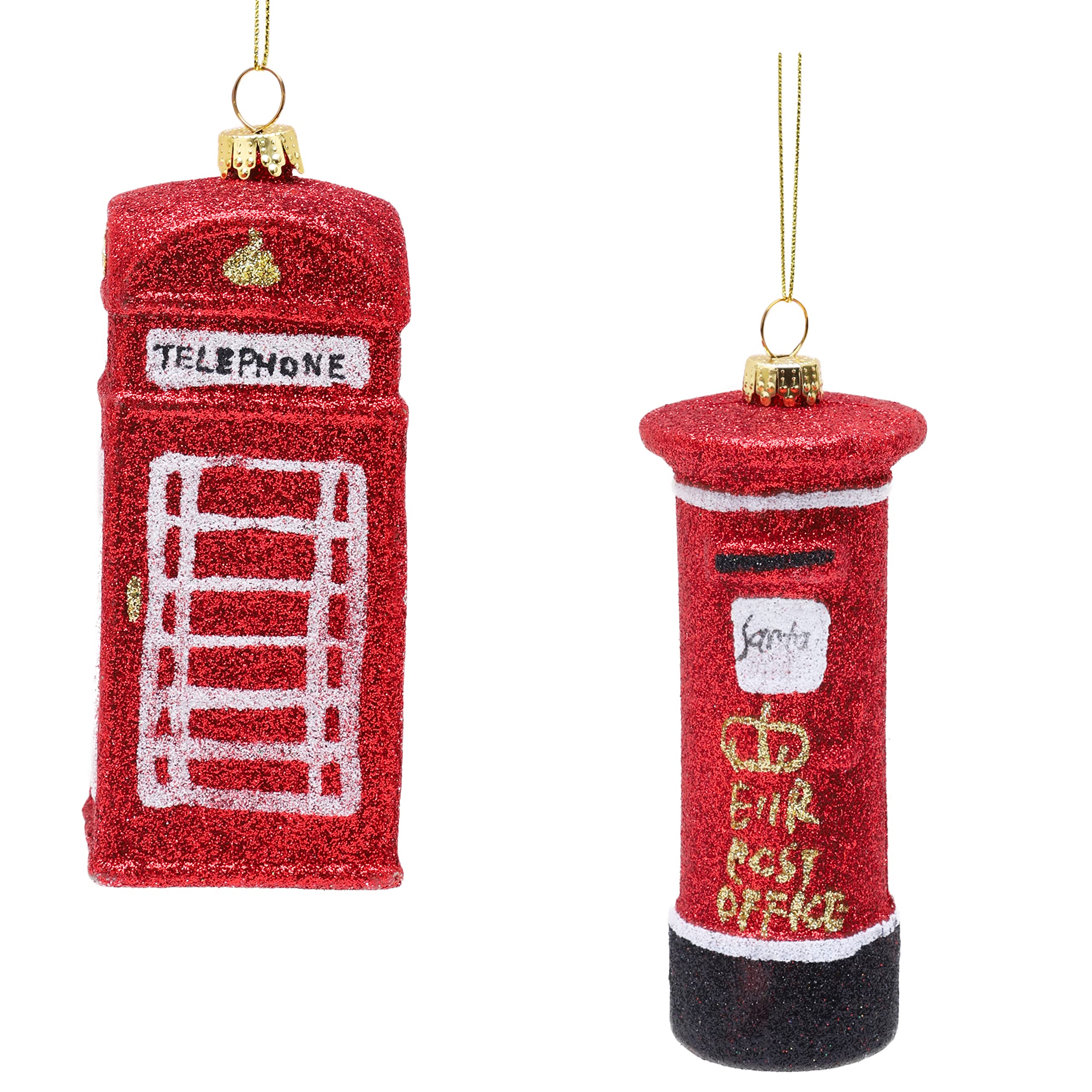 Toyland® Pack of 2-12cm Glittery Traditional British Phone Box & Letter Box Shaped Christmas Baubles – Christmas Tree Decorations