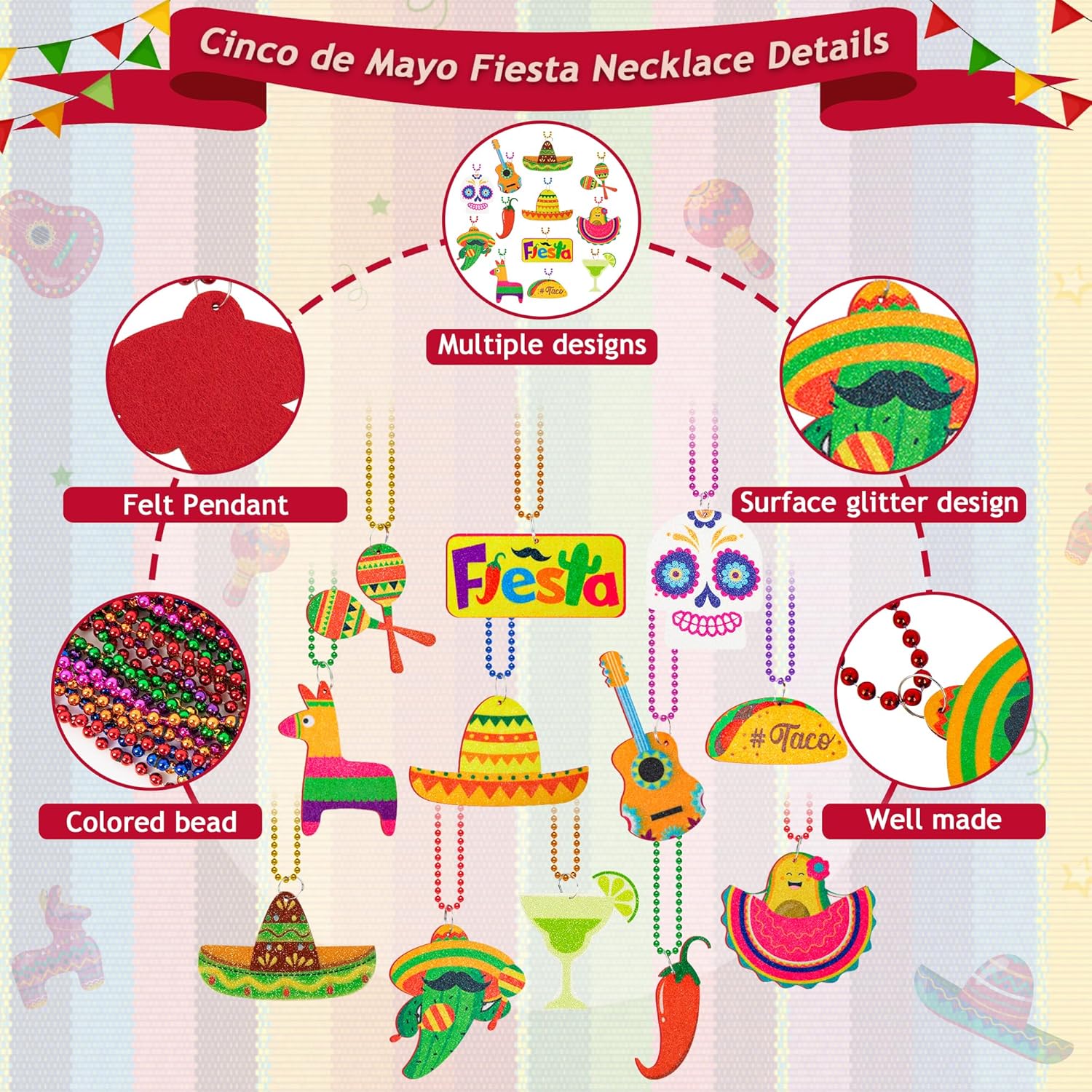 50PCS Cinco de Mayo Necklace Decorations, 12 Kinds Fiesta Mexican Beads Decor Bulk, Metallic Mexican Party Decor Beads Necklace, Fiesta Cactus Pinata Maracas Accessories Cinco de Mayo Party Favors
