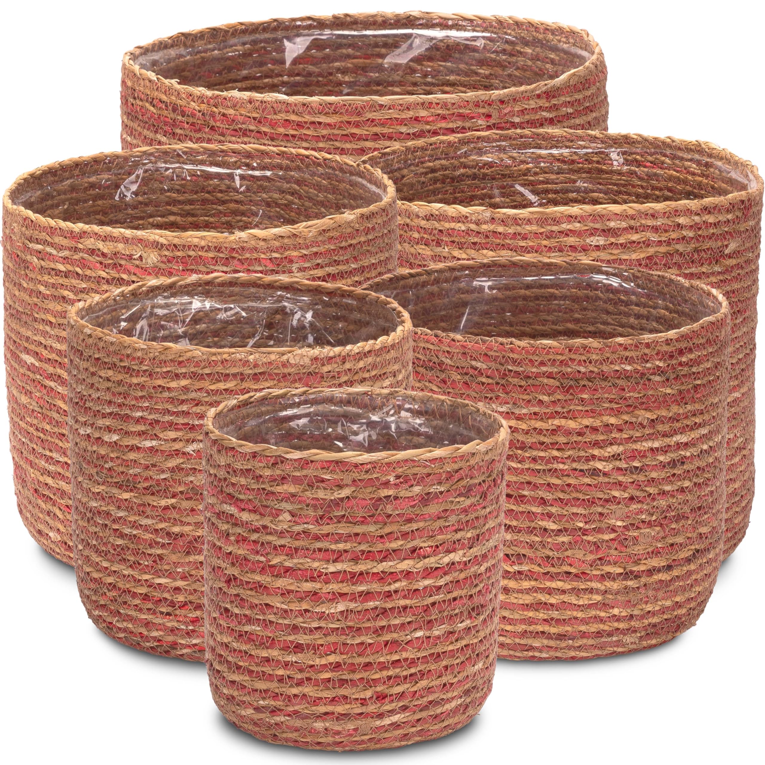 Decorasian Seegras Blumentopf – Übertopf geflochten – dekorativer Planzenkorb mit Folieneinsatz im Boho Stil - Natur/pink, 6er Set