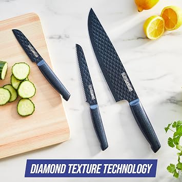 Blue Diamond Sharp Stone Nonstick Stainless Steel Cutlery, 3 Piece Set including Chef Serrated and Pairing Knives with Covers, Diamond Texture Blade, Dishwasher Safe, Blue