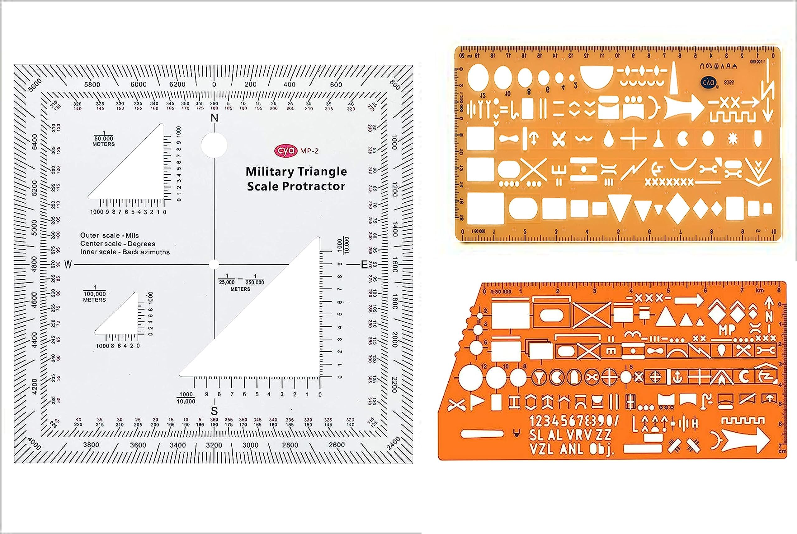 Gotical Combo of Military UTM/MGRS Coordinate Scale Map Protractor and Land Navigation Topographical Map, Flexible Plastic Soldier Outdoor Map Reading NATO Standard Graph and Military Marking Symbol