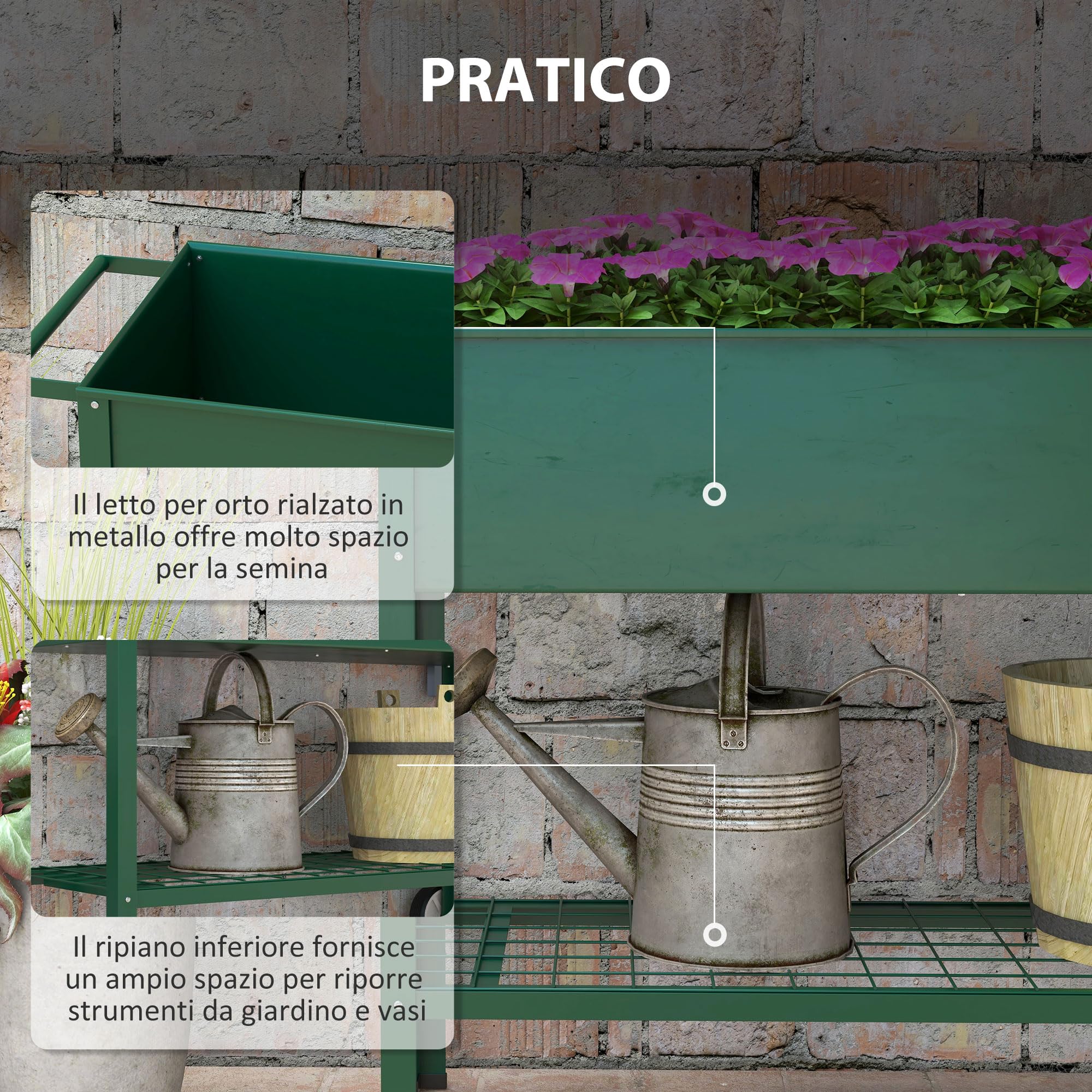 Outsunny Fioriera da Esterno con Mensola Inferiore Portautensili, Letto Rialzato da Giardino in Metallo con 2 Ruote e Maniglia, Letto per Orto, 104x39x80 cm, Verde