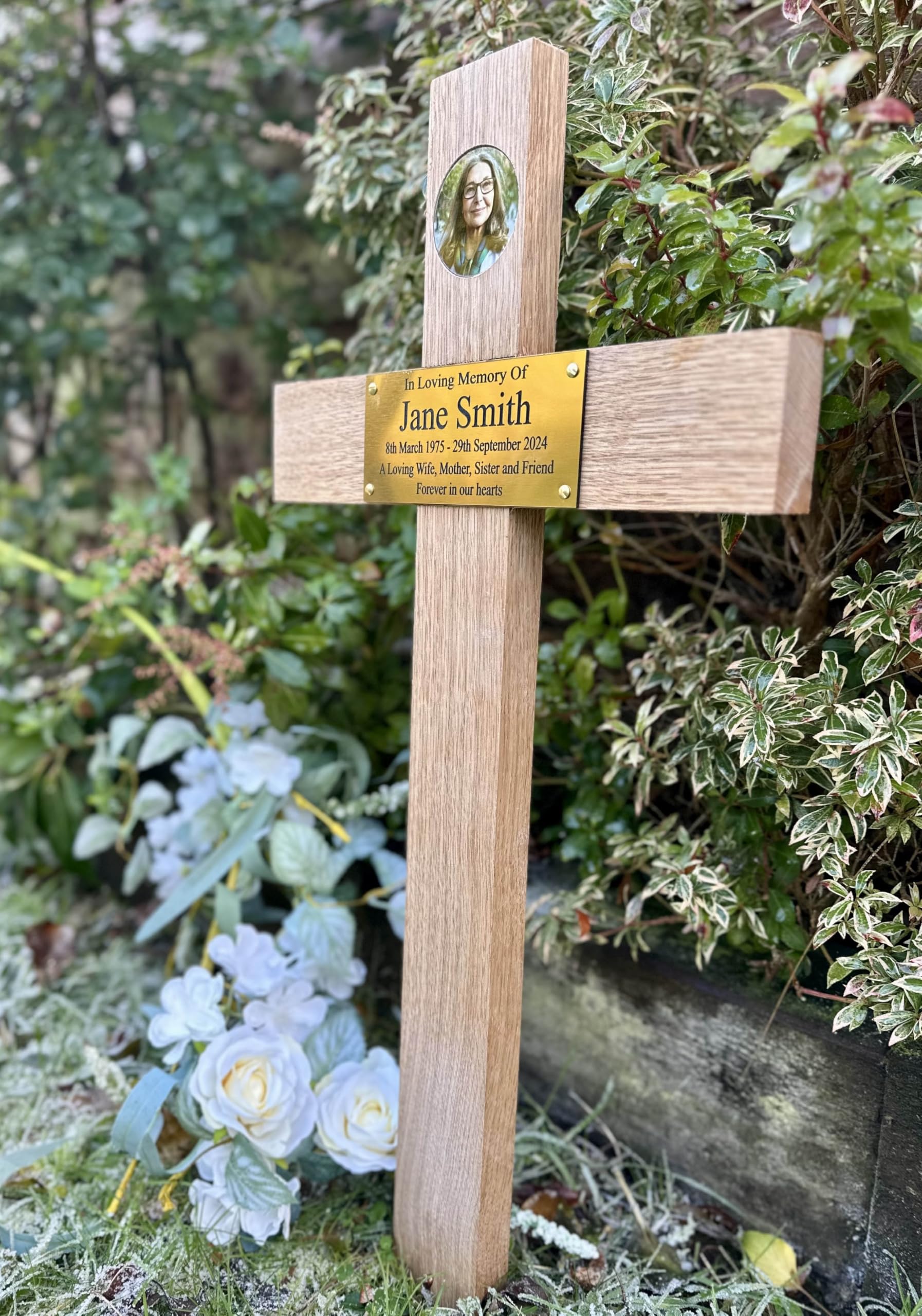 23" Personalised photo memorial cross and plaque solid oak grave marker