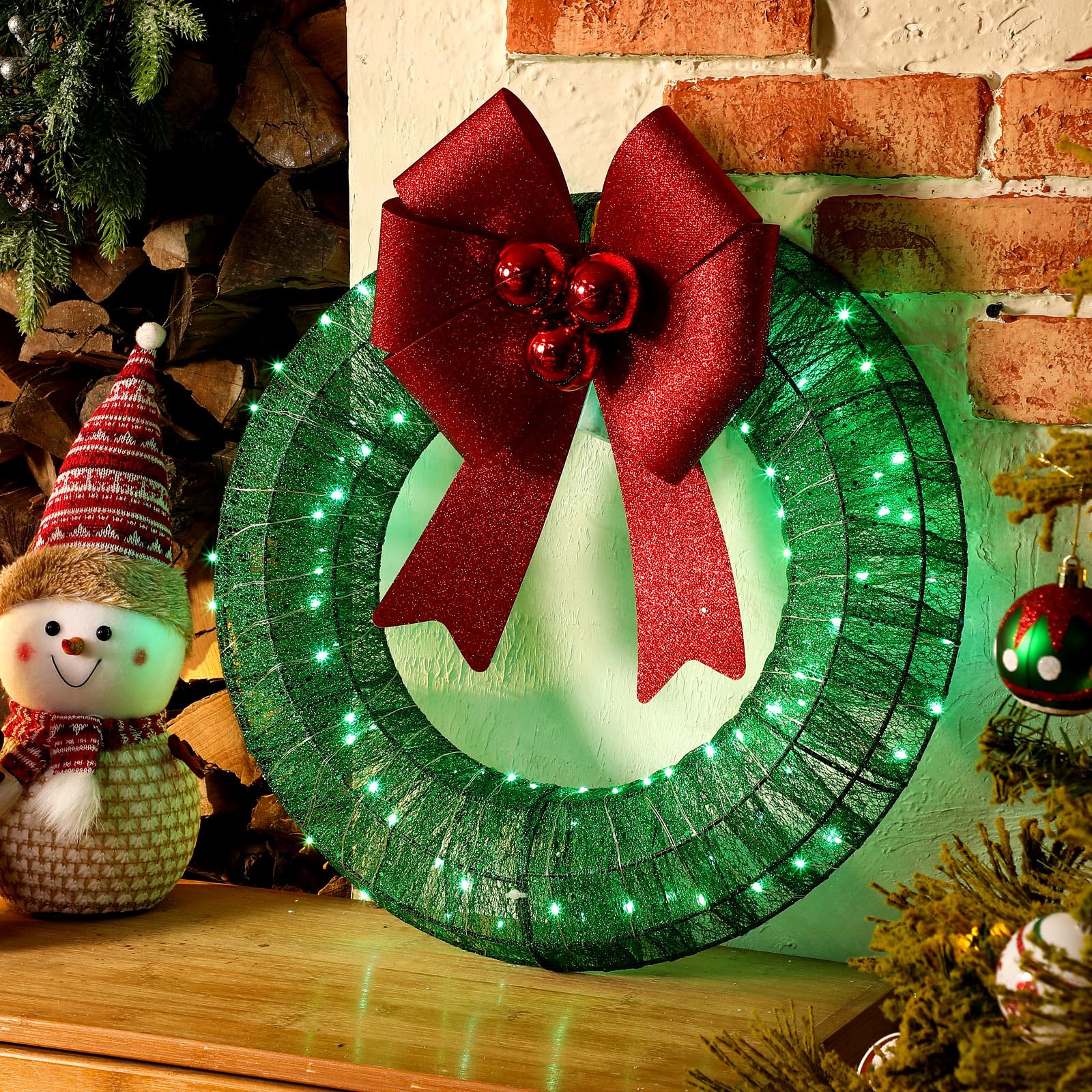 VIHOSE 19.3 Inch Lighted Christmas Wreath Battery Operated Christmas Decorations Green Outdoor Led Wreath with Lights Party Decor for Indoor Outdoor Front Door Window Wall Decor(1 Pc)