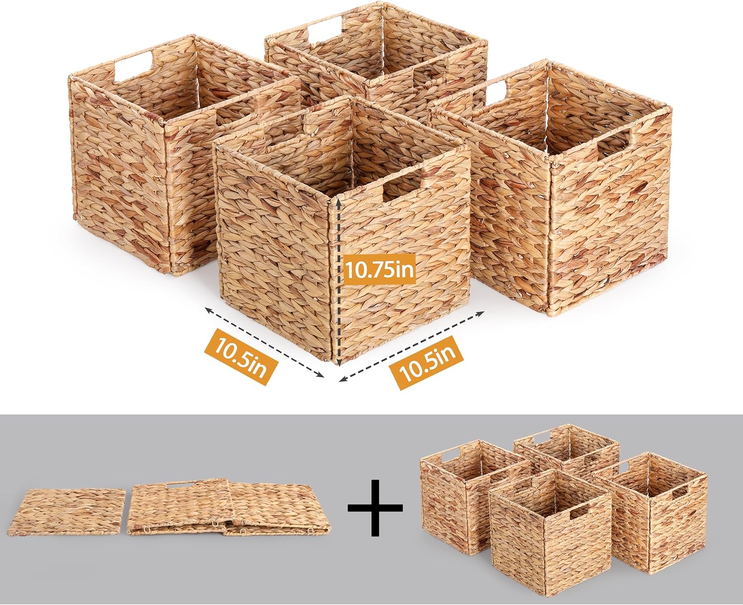 10.5 x 10.5in Wicker Storage Baskets, Cube Foldable Water Hyacinth Storage Baskets for 11 x 11 Cube Shelves Set of 4 - Image 3