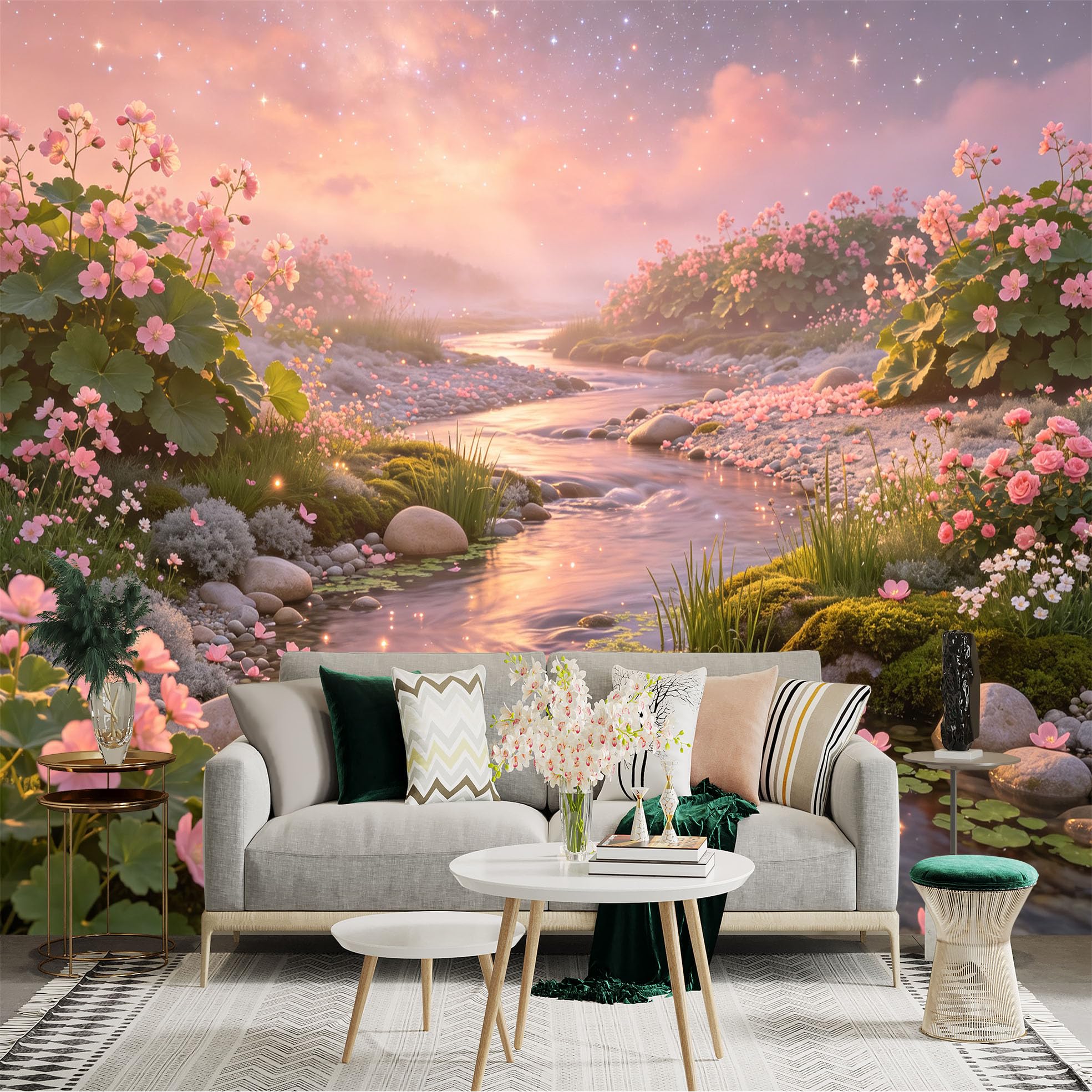 Lnzczhyre Bh260719484 Custom Size Wall Sticker Mural， Dreamy Pink Flower Stream， Serene Riverbank Landscape， Soft Morning Glow， For Wall Decoration， Peelandstick Wall Decals.