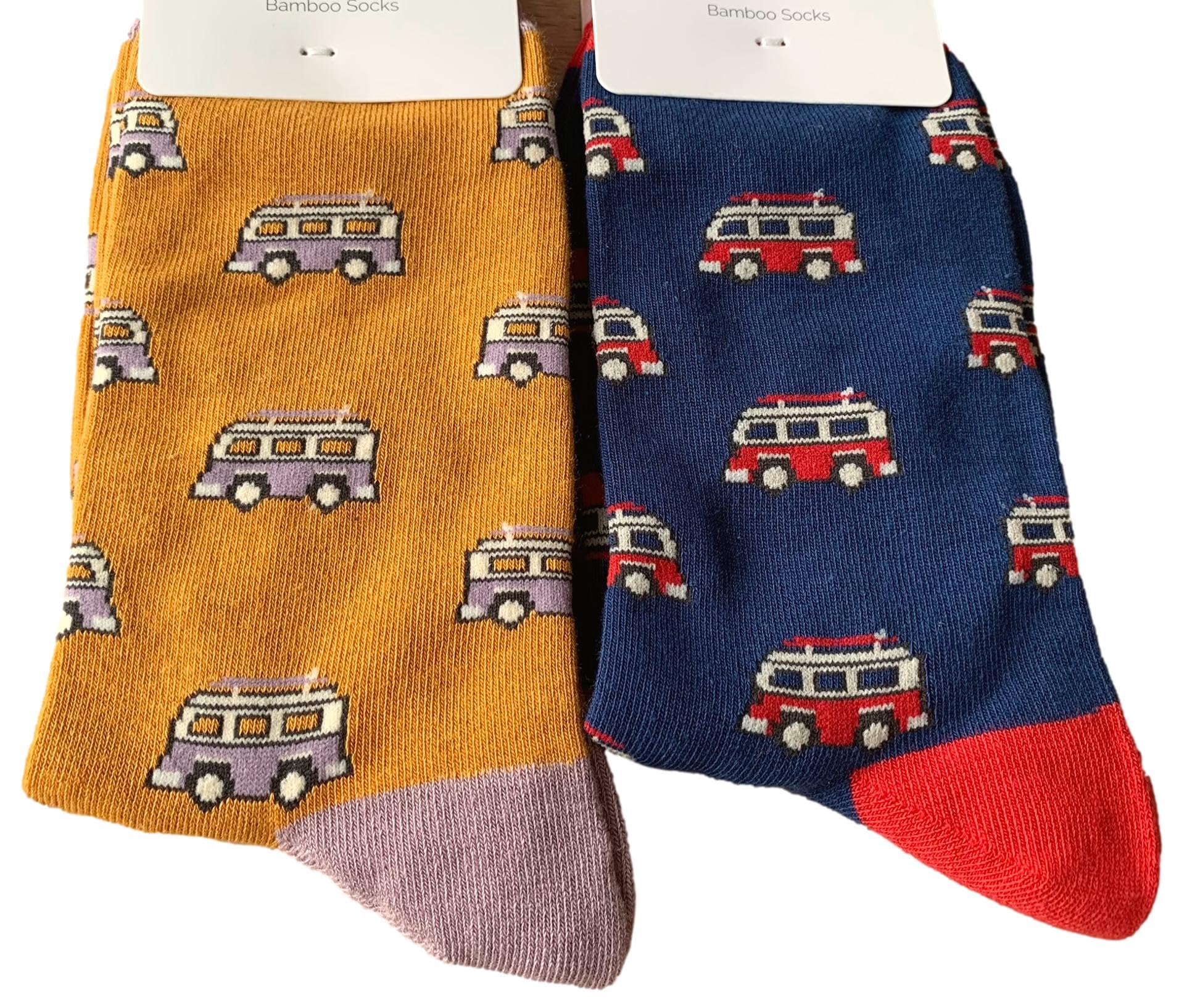 Purple Possum® Mens Socks Camper Van 2 Pair Multi Pack Navy Blue Yellow Novelty Bamboo Cotton