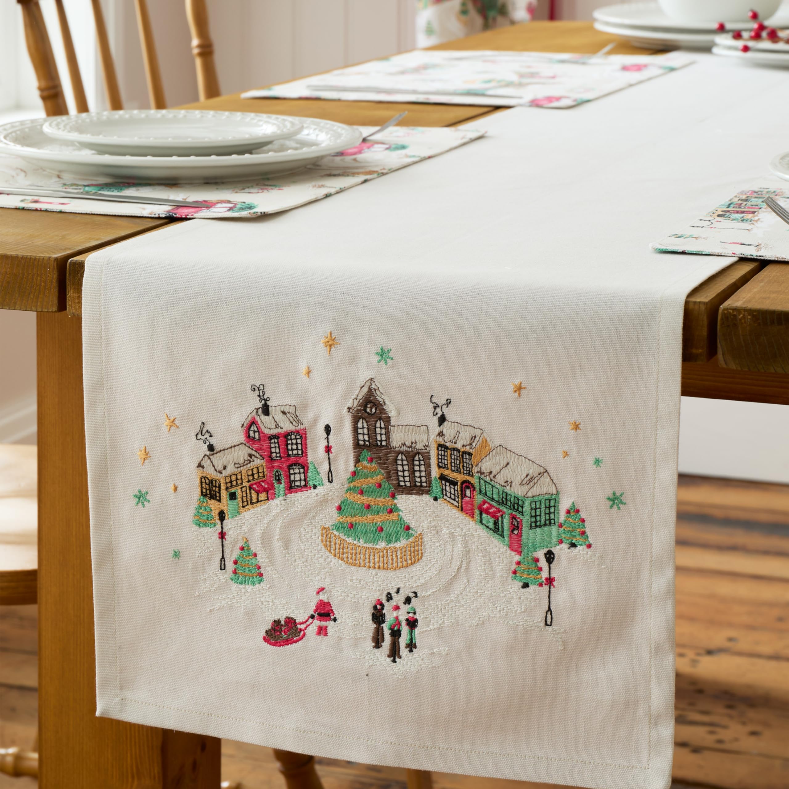 Julian Charles Natural Catherine Lansfield Christmas Town Cotton Dining Table Runner - One Size