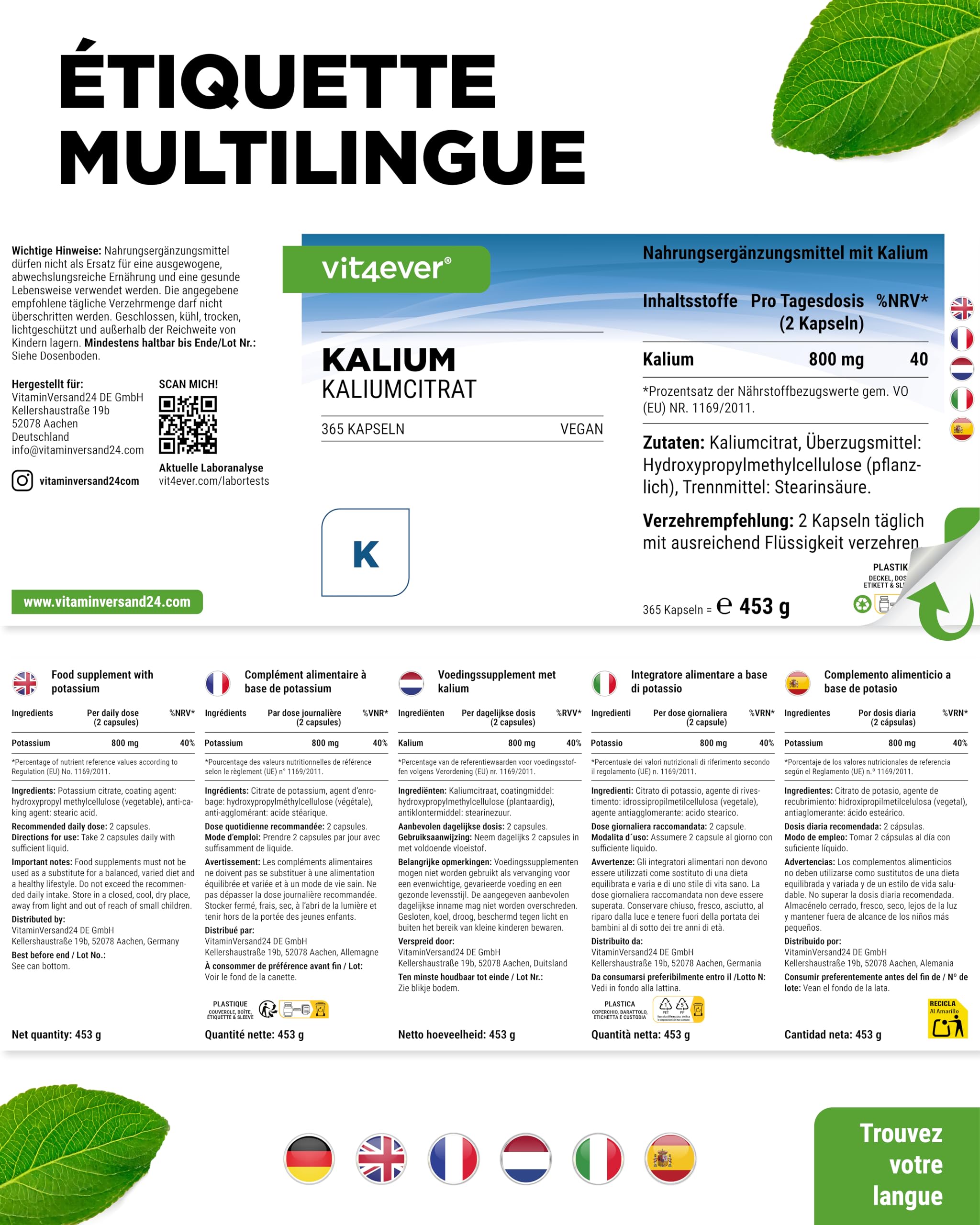 Potassium - 365 gélules avec 800 mg de potassium élémentaire par portion journalière - 100% citrate de potassium - Vegan