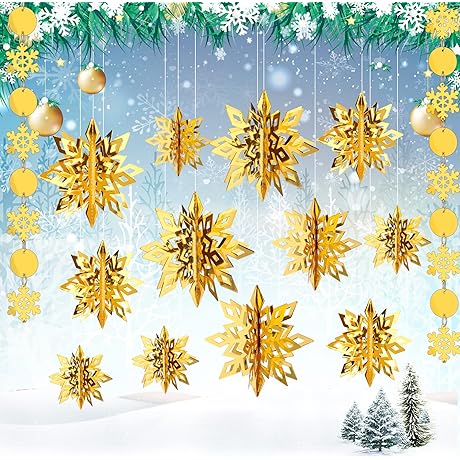 JULMELON Golden Snowflake Decorations for Winter Wonderland