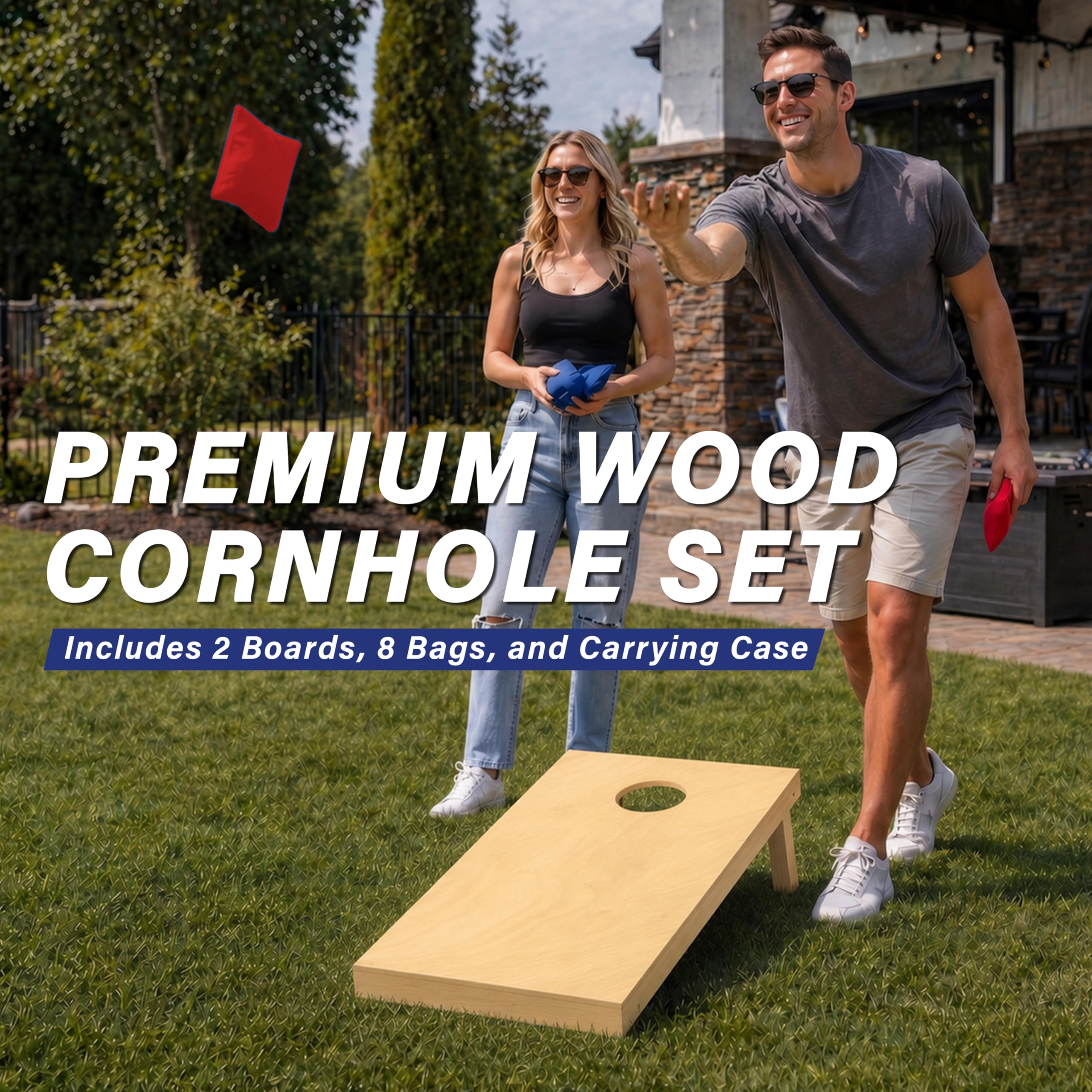 GoSports Juego de Cornhole de Madera Maciza, Elige tableros de Juego de 4 x 2 pies o 3 x 2 pies, Incluye 8 Bolsas de Lanzamiento de Cornhole