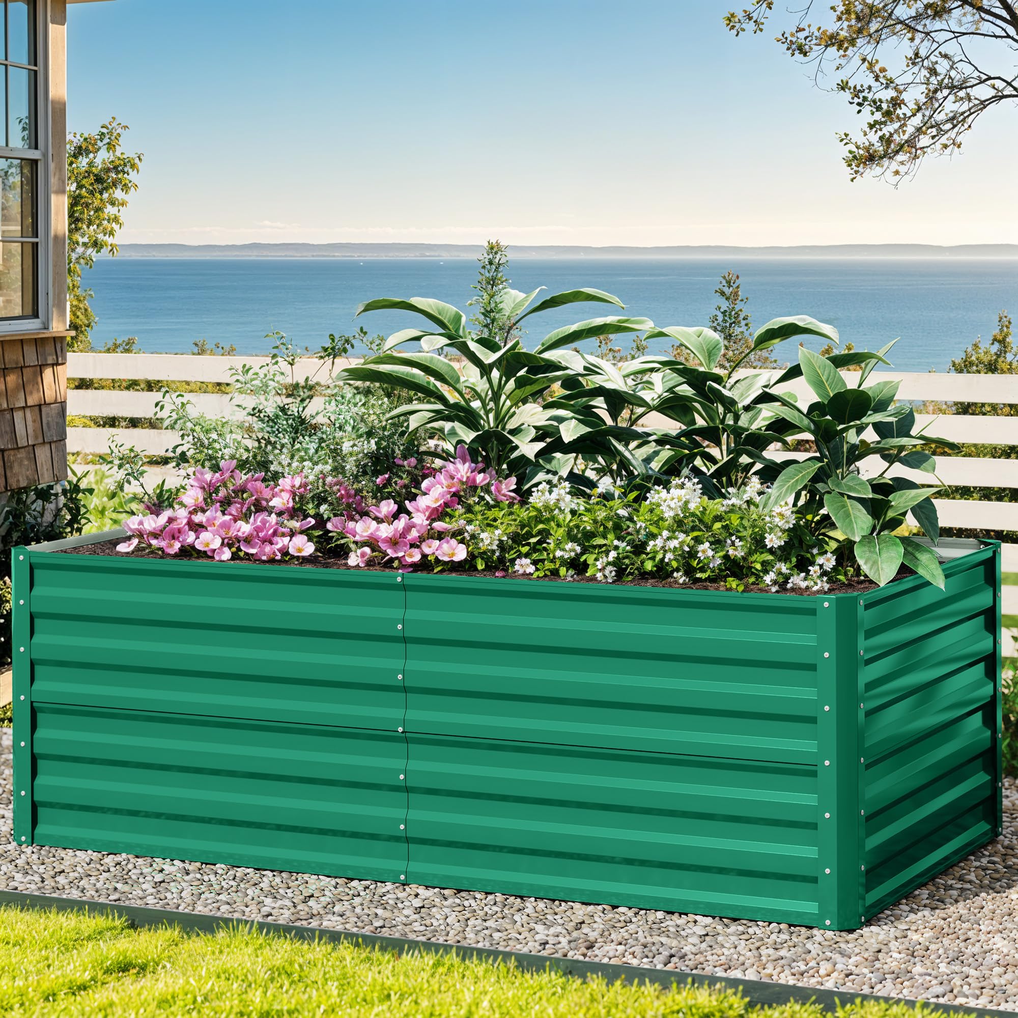 DWVO Bancal de Metal 180 x 90 x 60 cm con Guantes, bancal Alto de Acero Inoxidable y Resistente a la Intemperie, Estable galvanizado con Goma de Seguridad para Verduras, Flores, Frutas, Verde