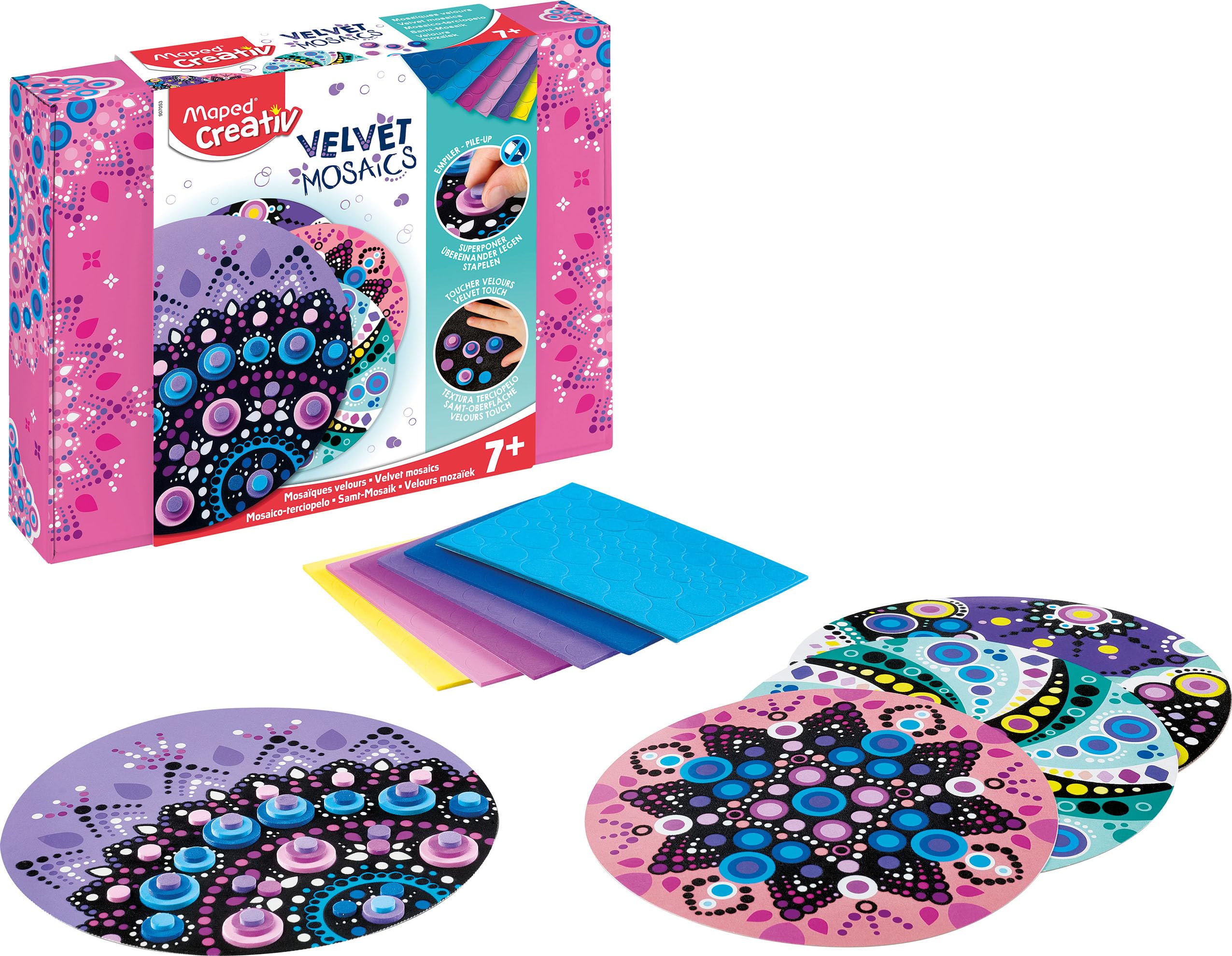 Maped CREATIV Velvet Mosaics - Original Mosaic Craft Activity - Stackable Velvet and Adhesive Mosaic Set - 3D Mandala Creative Activity - from 7 Years Old