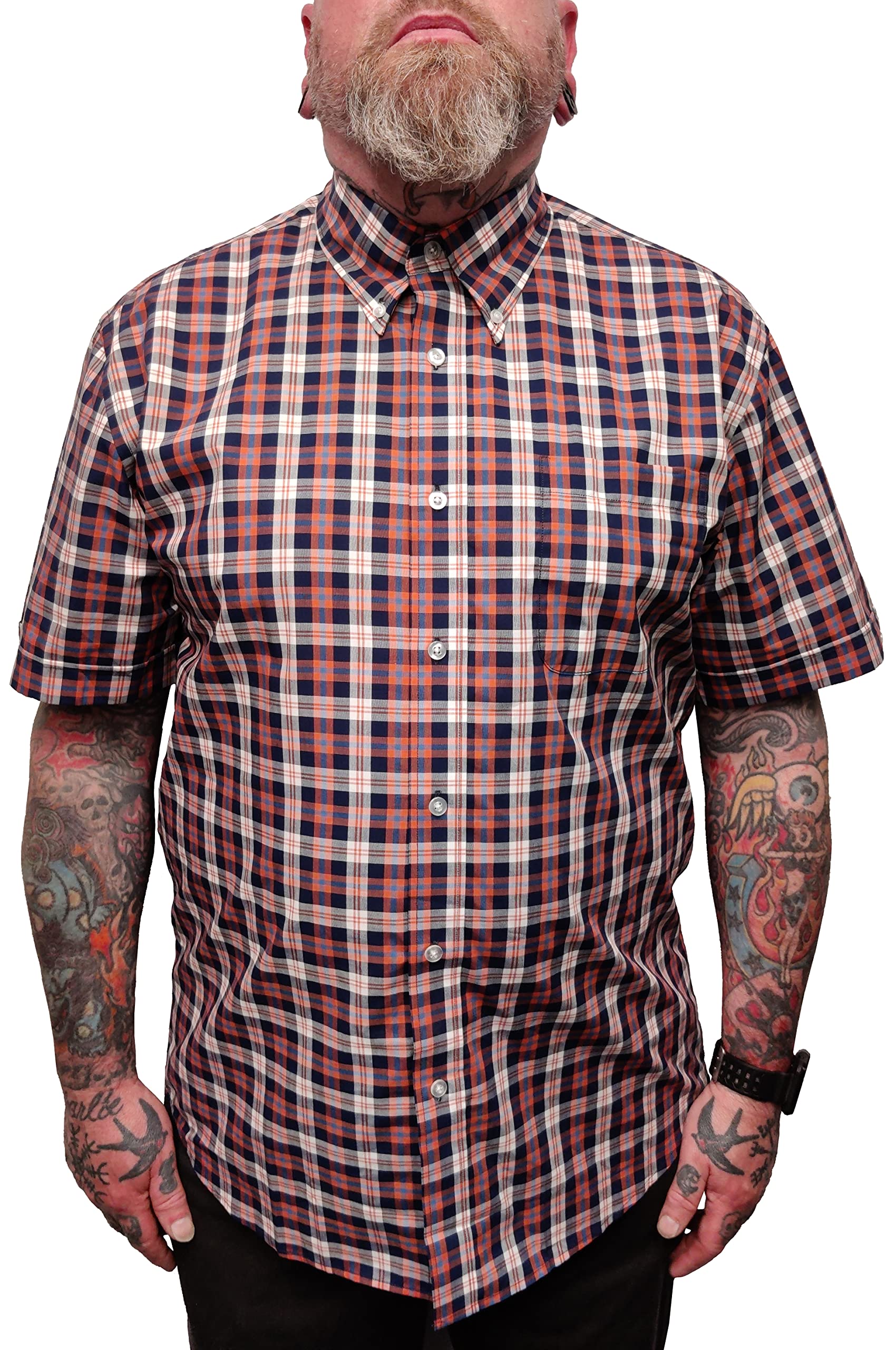 Mazeys Mens Checked Shirts (Medium, Navy/Orange/White)
