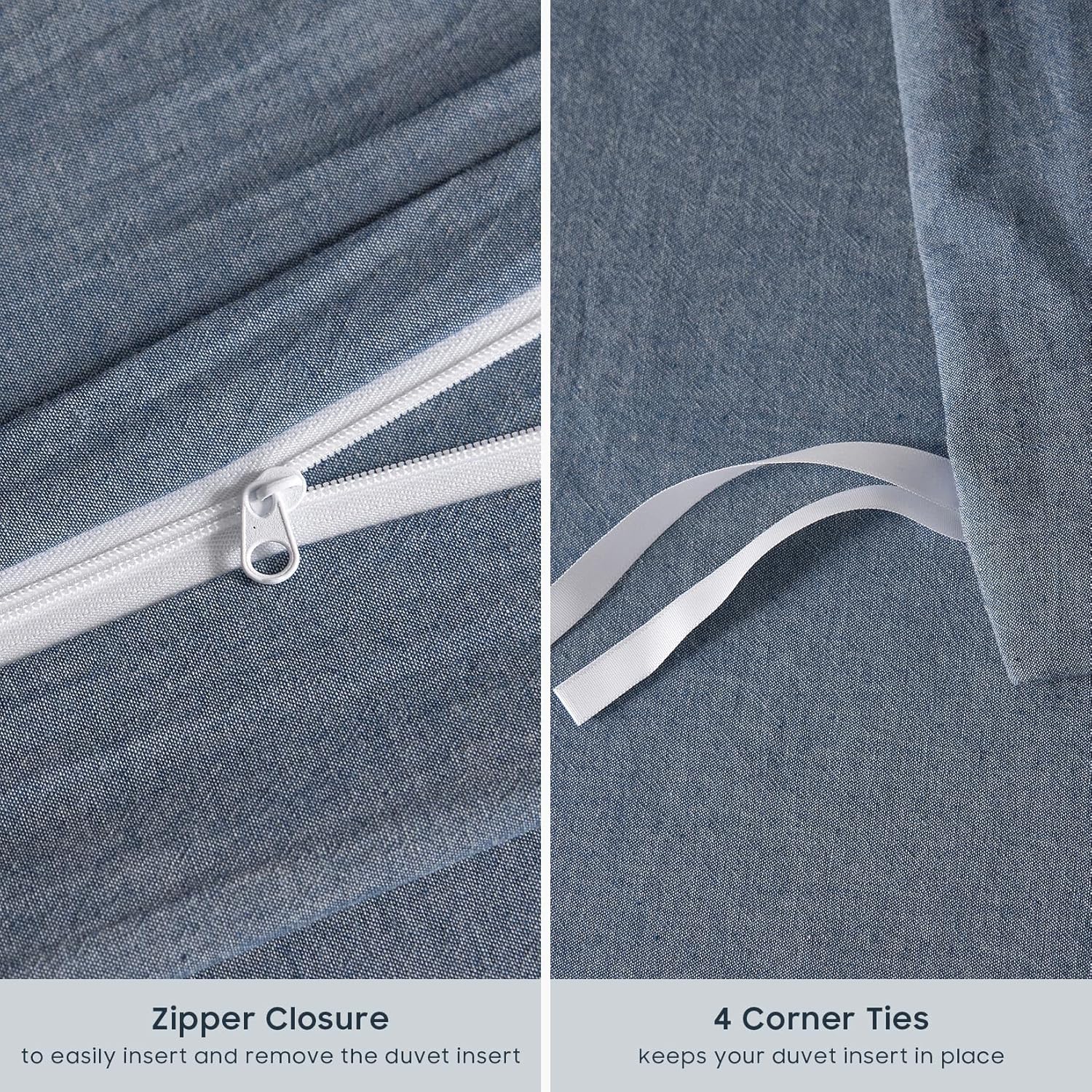 Wake In Cloud - Cotton Duvet Cover Set, King Size, Chambray Denim Blue, 100% Washed Cotton, Linen Like Textured, Breathable Percale Durable Comfy Farmhouse Neutral Bedding Set, 3 Pieces - Image 7