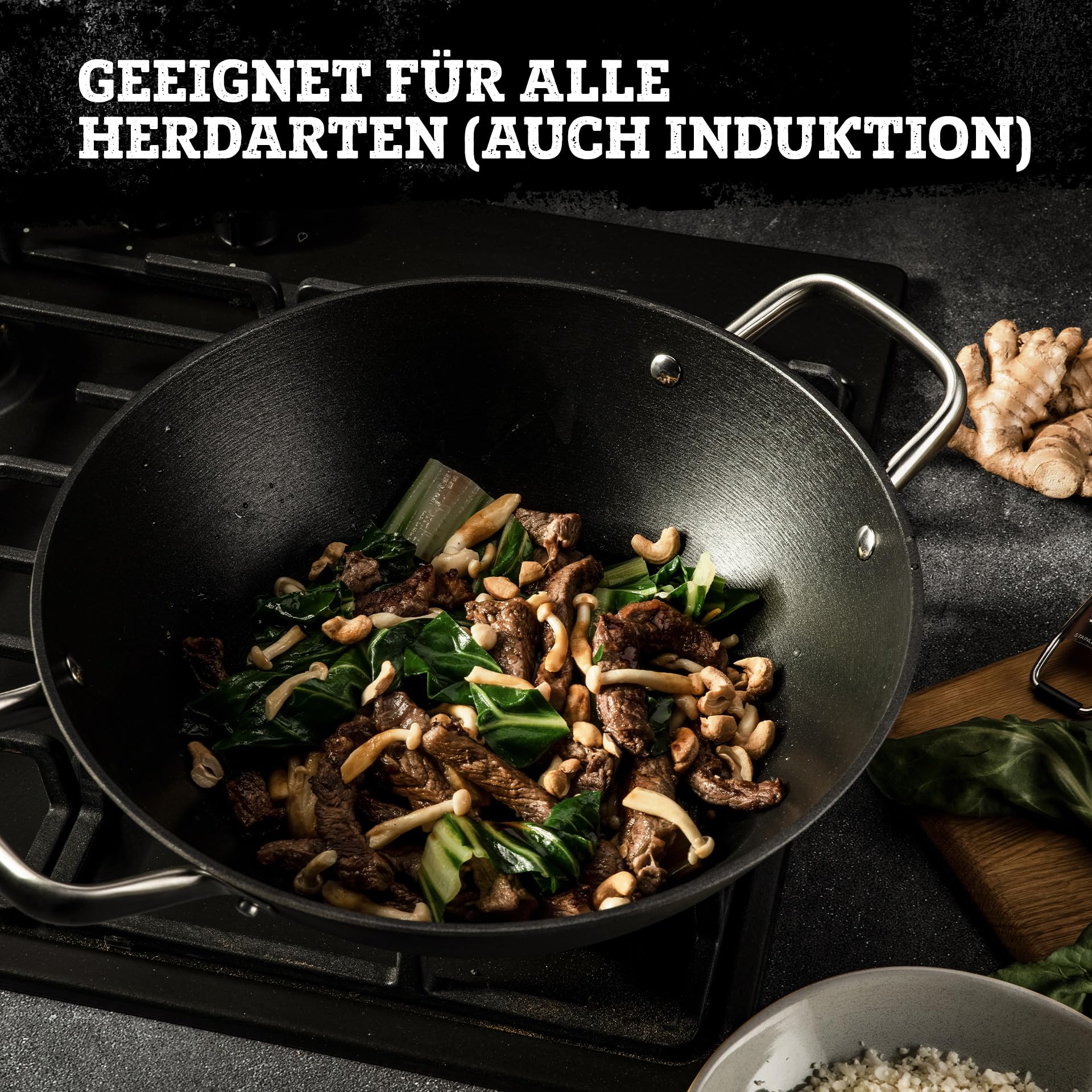 FMProfessional Force Wok aus Gusseisen 32 cm – Wokpfanne mit hochwertiger Antihaftbeschichtung – Geeignet für alle Herdarten (auch Induktion) – ca. 33 x 42,8 x 12 cm
