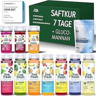 LiveFresh Saftkur 7 Tage + Glucomannan – 49 Säfte (250ml) & 21 Shots (60ml) kaltgepresst¹ – 743 Kalorien pro Tag – Tipps zum nachhaltigen Abnehmen in der LiveFresh App